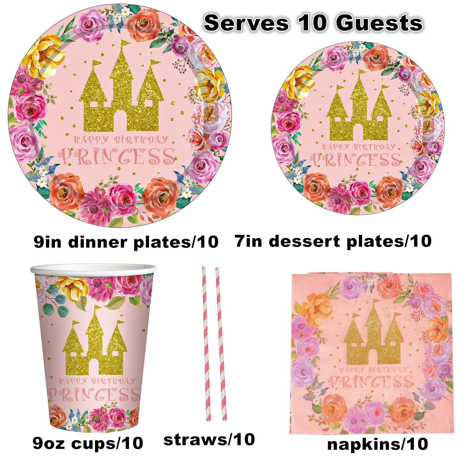 Jiahuade Princess - Kit Vaisselle Anniversaire Princesse 40 Pièces – Assiettes, Gobelets, Serviettes, Nappe Pour 10 Invités