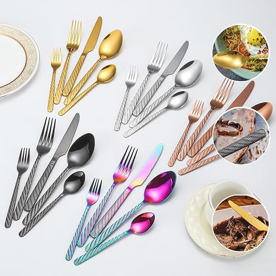 Mirror Polished Cutlery Utensil Set with Fork Knife Spoon, Dishwasher Safe, 18/10 Stainless Steel Silverware Set for Home Restaurant Hotel(Size:24PCS,Color:Black)