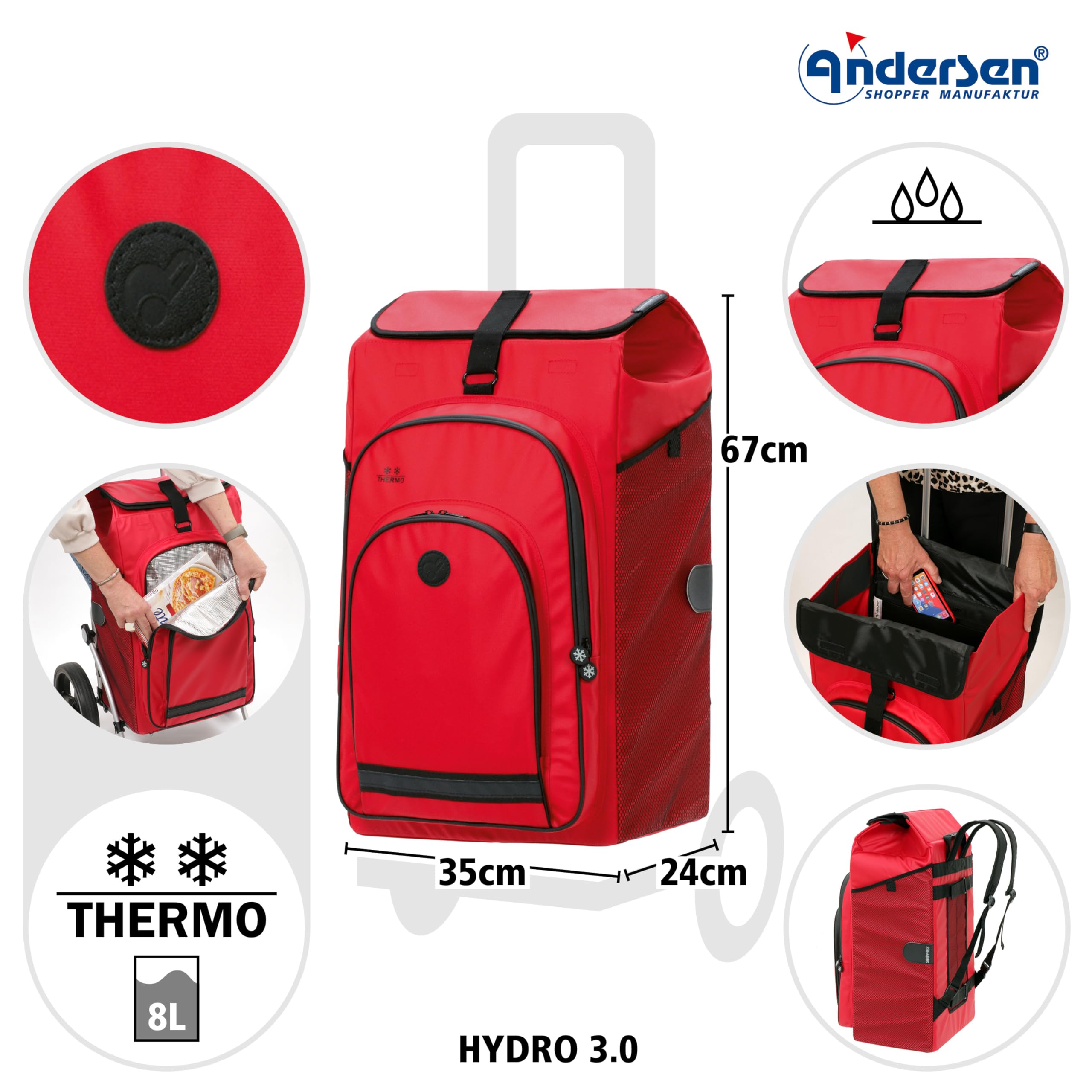 ANDERSEN Einkaufstrolley - Tura Shopper Hydro 3.0 rot | Fahrradanhänger, Luftbereifung, ergonomischer Griff, bis 50 kg - Tasche mit Rucksackfunktion, Thermofach, viel Stauraum, 62 L