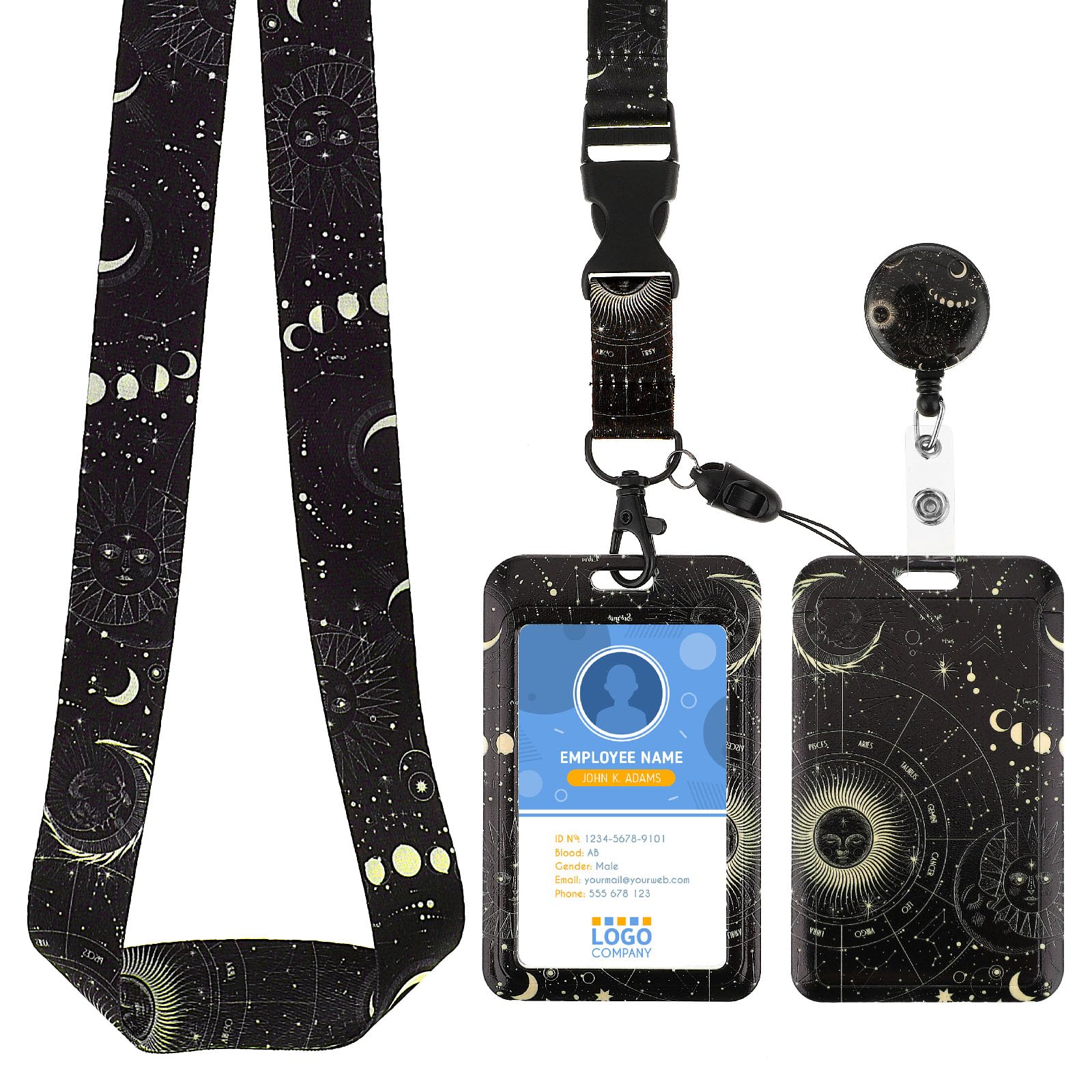 Amabro ID Badge Holder with Lanyard, Retractable Badge Reel Clip with Adjustable Lanyards Durable Neck Lanyard for Offices Staff Students Employees Teacher (Starry Sky)