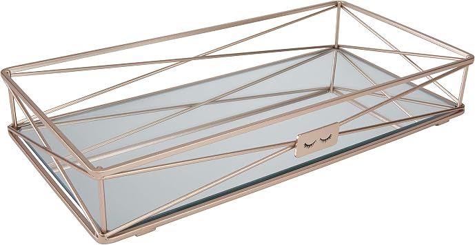 Home Details Gorgeous Mirrored, Perfect for Jewelry, Toiletries, Bathroom Organization, Perfume, Makeup, Decor, in Rose Gold Vanity Tray