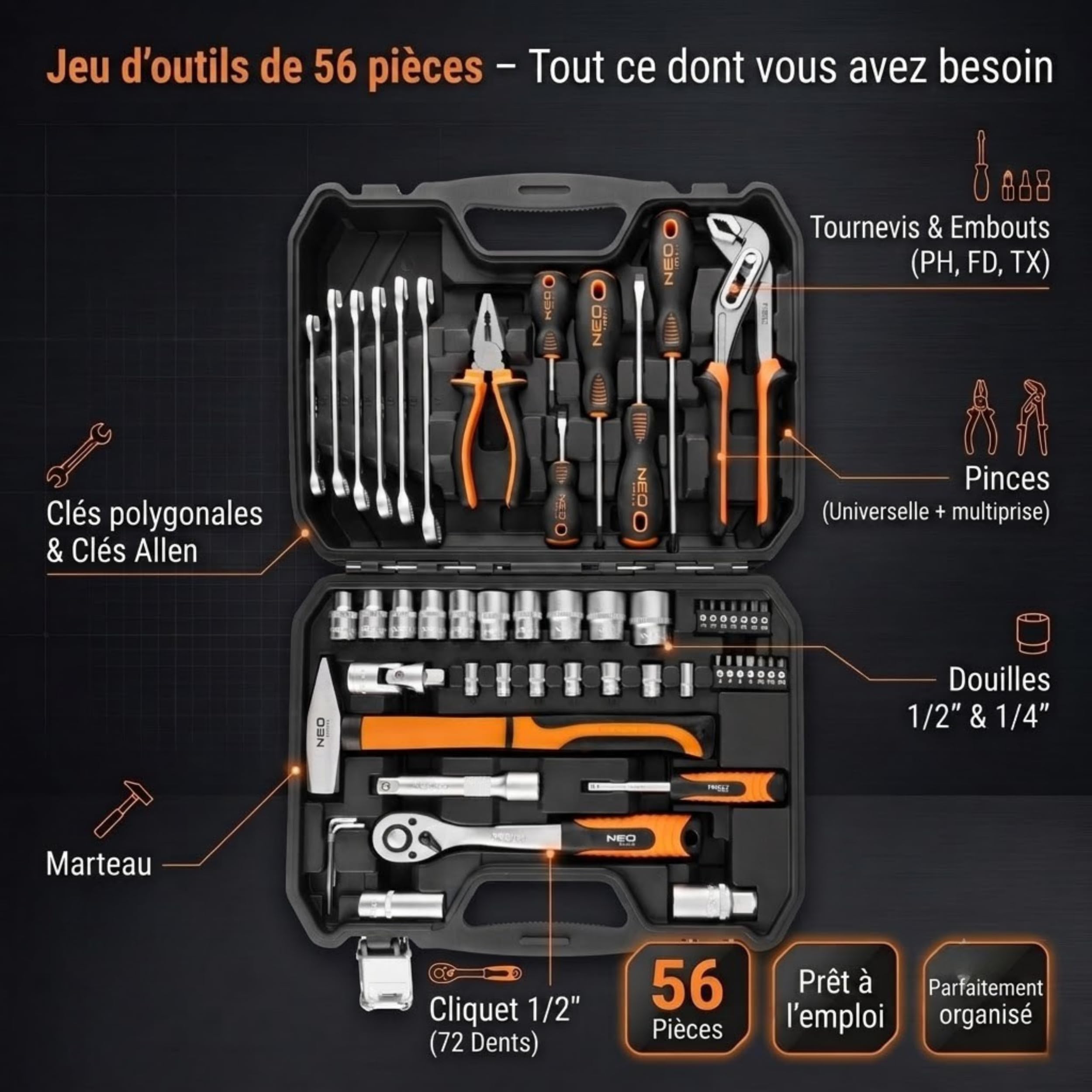 Mallette à outils professionnelle 56 pièces Neo Mallette à outils pour ménage 2 pièces - Mallette en plastique robuste - Outils à main - Grand assortiment de tournevis