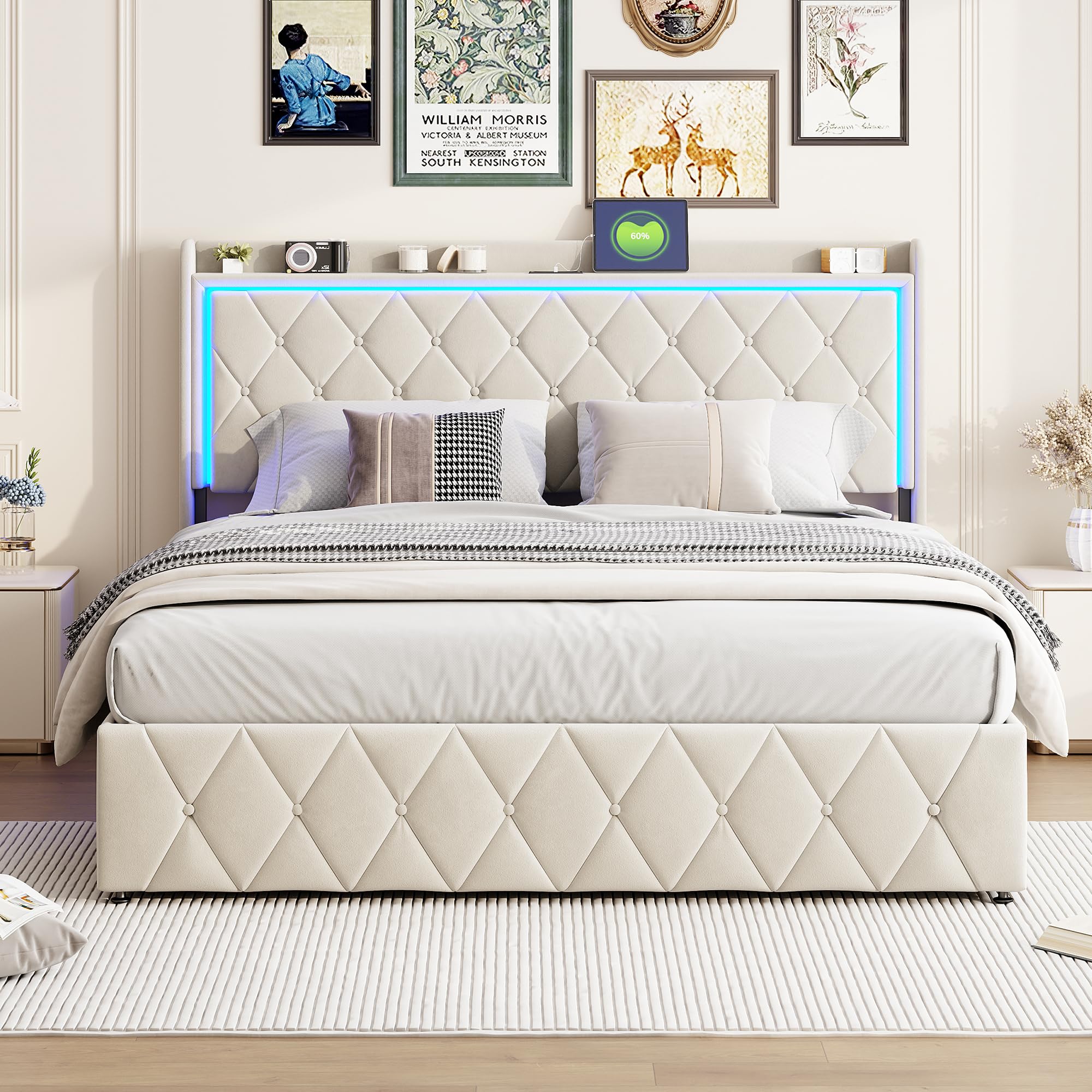 Gestoffeerd bed 160 x 200 cm met 4 lades - LED's USB-aansluiting Gestoffeerd bed 160 x 200 cm met 4 lades - LED's USB-aansluiting