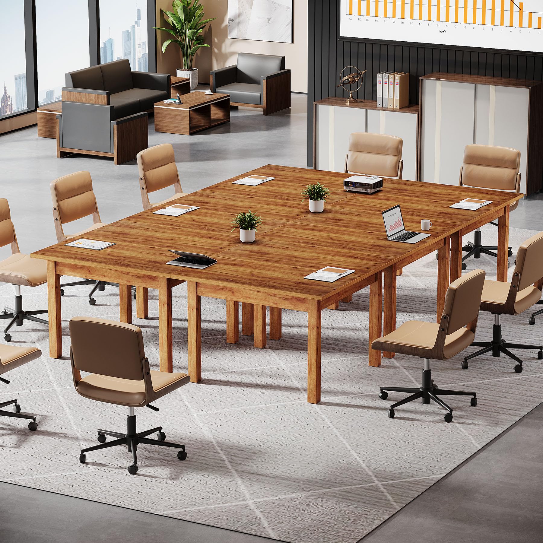 Tribesigns 13 ft Conference Table for 10-14 People, Wooden Small Square Meeting Seminar Table, Modern Boardroom Desk with Solid Wood Legs and