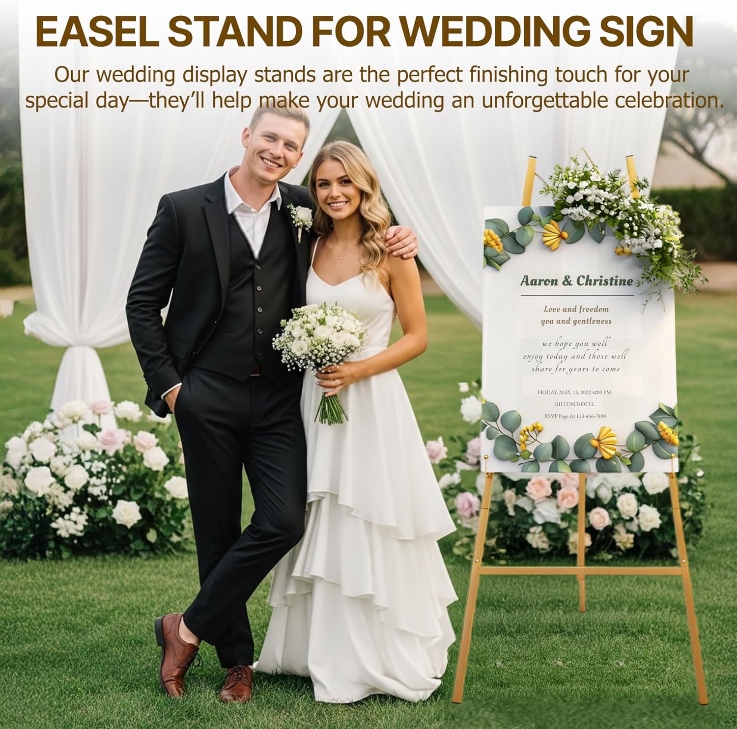 57.5" Gold Easel Stand for Sign, Wedding Sign Stand for Display, Assembly Required, 4 Adjustable Height Levels Heavy Duty Metal Display Stand Floor Standing Easels for Art, Paintings, Pictures