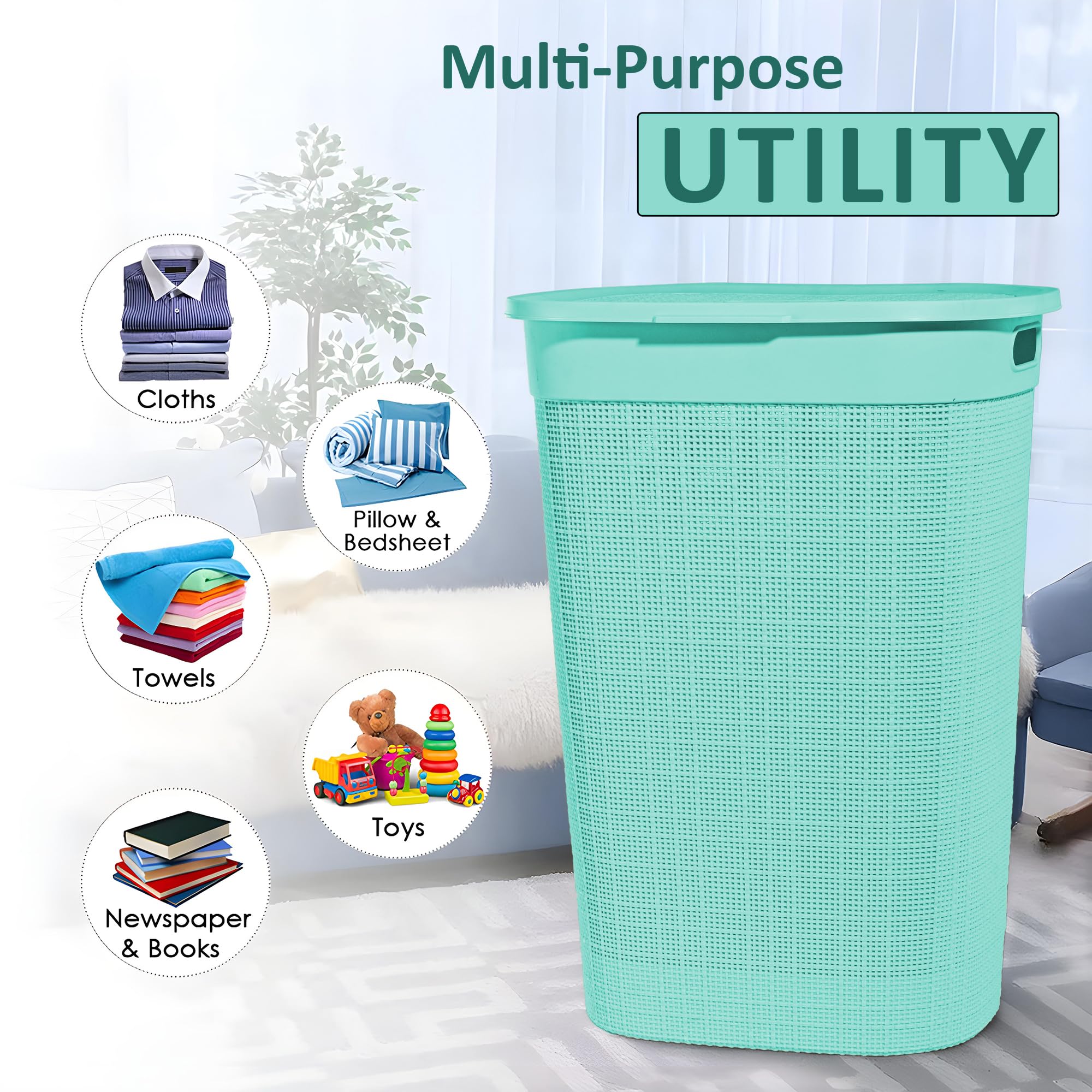 Kuber Industries Multipurpose Plastic Laundry Basket/Bin/Hamper|Durable Plastic & Woven Design|Storage Organizer With Lid,Size 44 x 44 x 60 CM, Capicity 55 Ltr. (Brown)-46HH0455 4