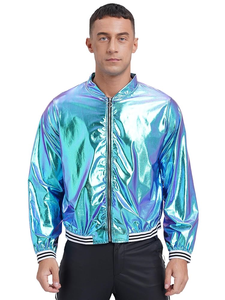 Hedmy Men's Metallic Jacket 70s Disco Shiny Bomber Jackets
