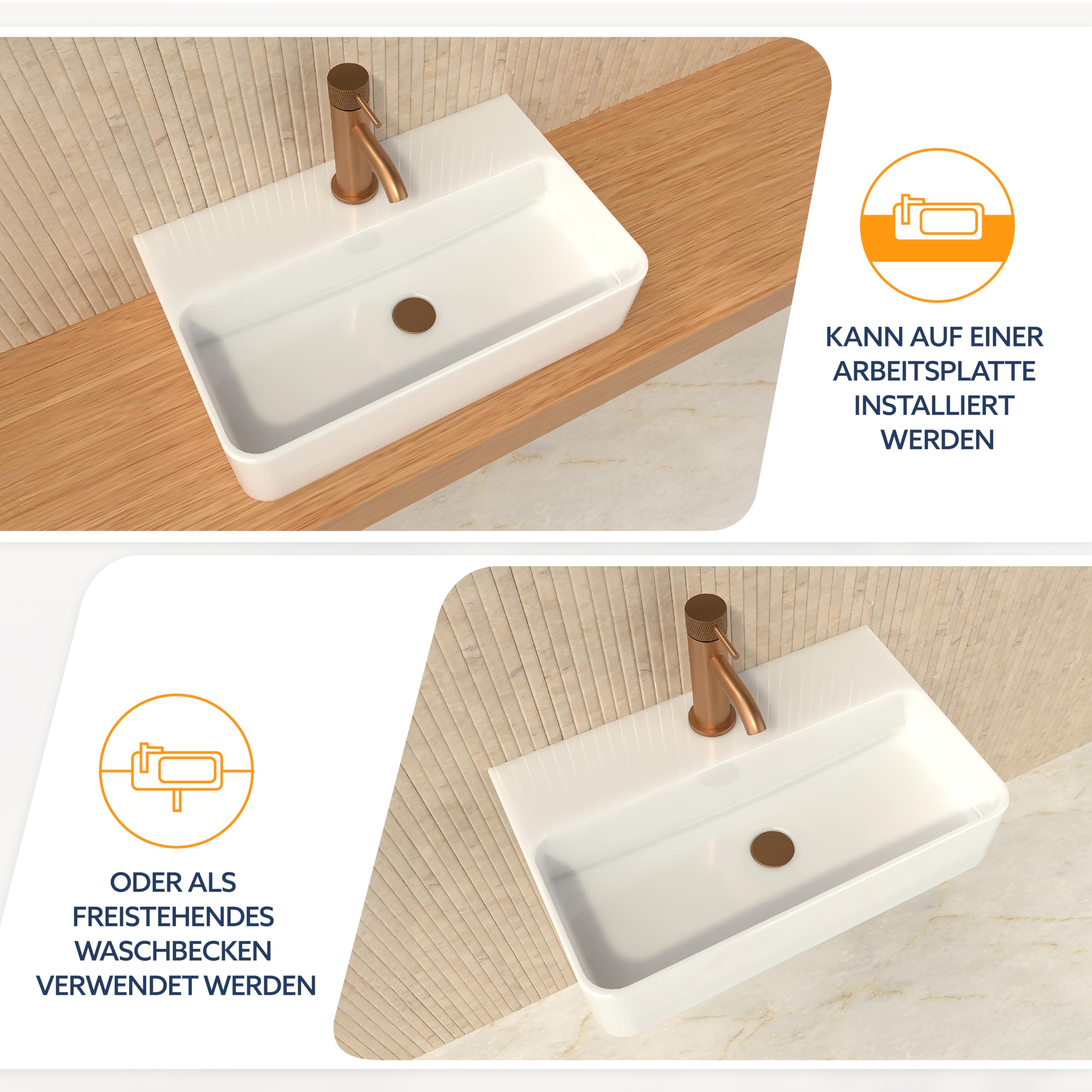 HOGART Naścienna ceramiczna umywalka, biała, prostokątna wisząca umywalka lub umywalka nablatowa z otworem na kran bez przelewu, mała umywalka do mycia rąk do toalety dla gości i małej łazienki (45 x