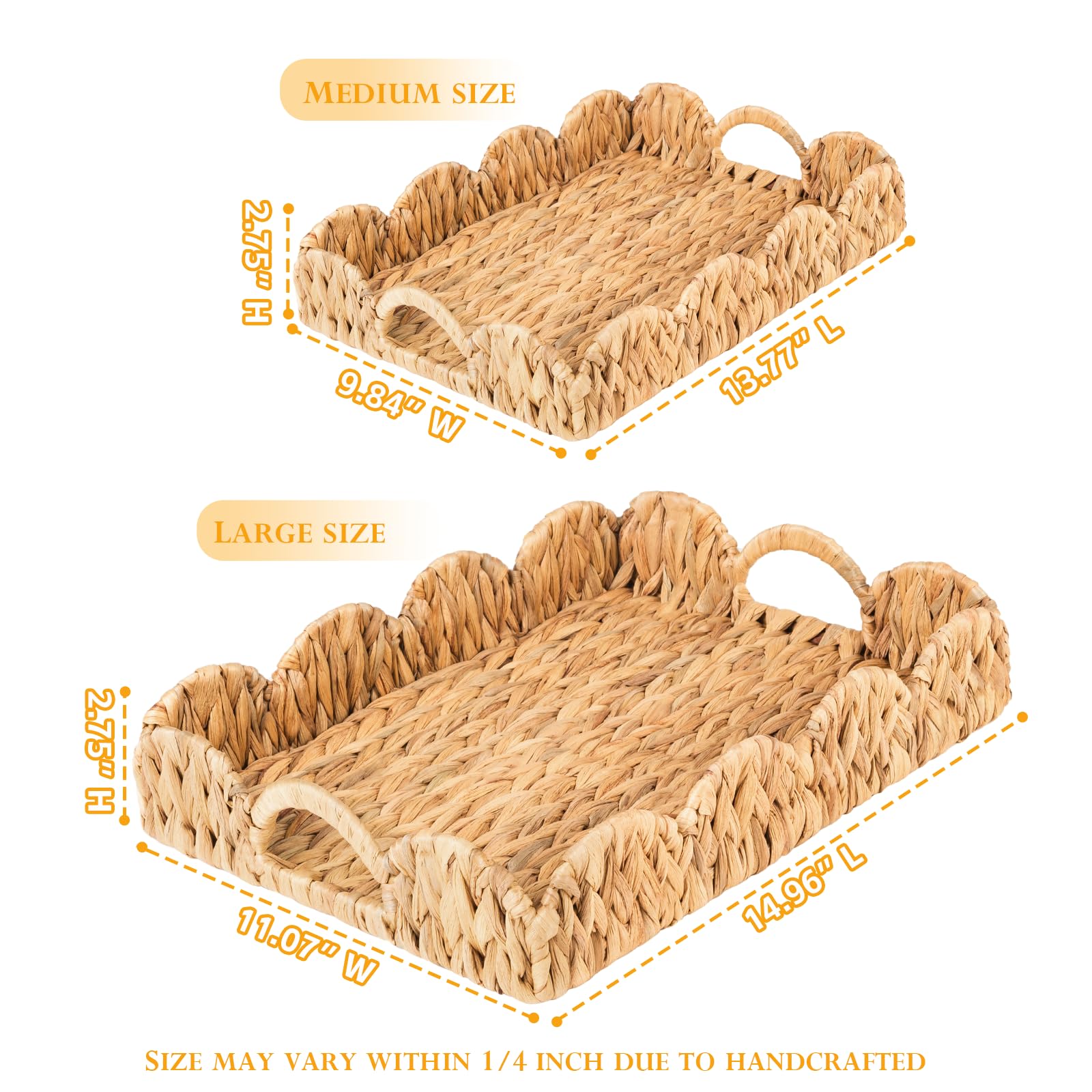 ATEDIR Large Rectangle Serving Tray, 2-Pack Rattan Scalloped Tray with Handles, Wicker Trays for Decor, Hand-Woven Water Hyacinth Coffee Table Tray for Home Decoration