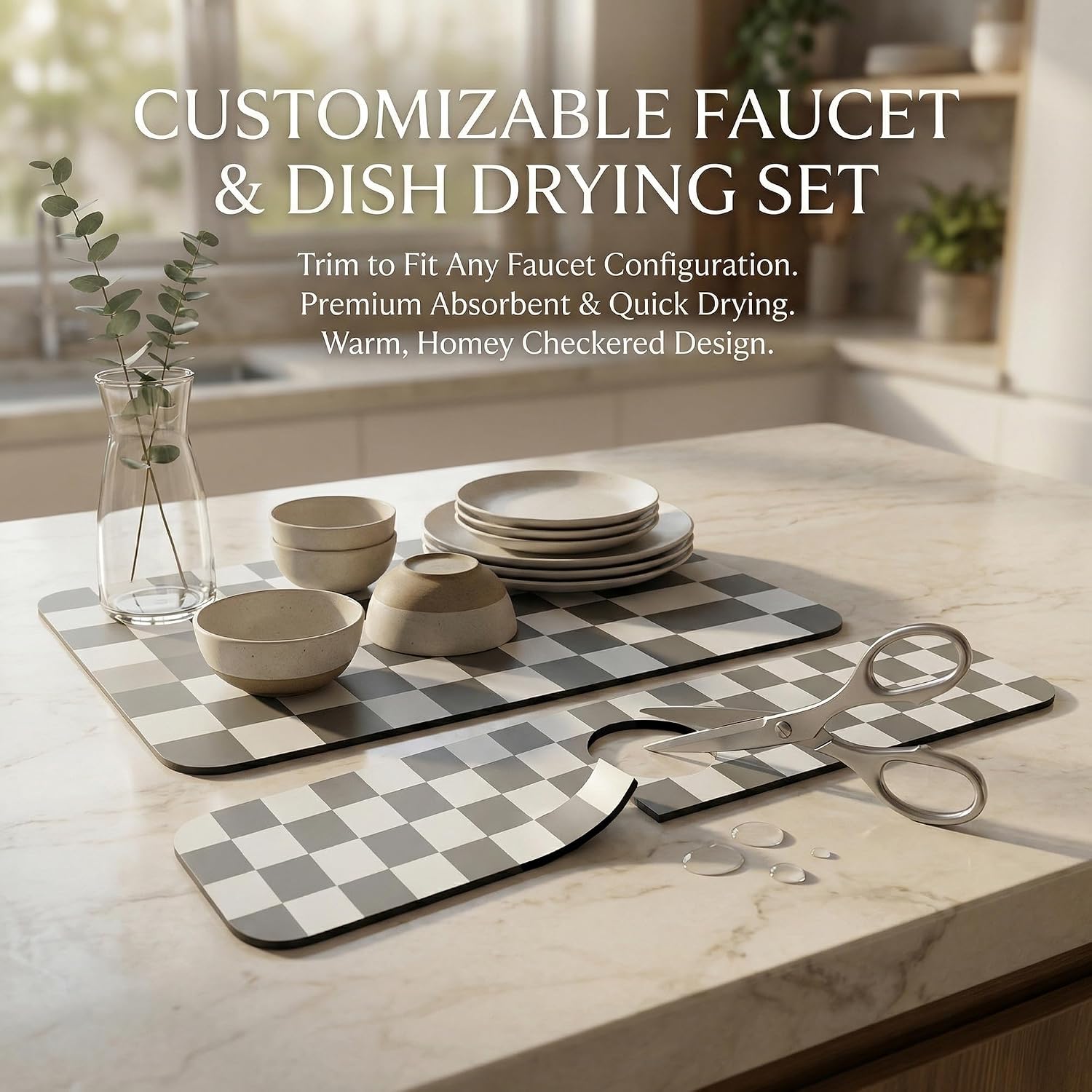 Customizable Dish Drying Mat & Sink Splash Guard Set: 24"Lx16"W Kitchen Counter Protector & 24"Lx5.5"W Mat Trimmable to Fit Irregular Sink with 2 & 3 Holes or Soap Dispenser - Absorbent Drip Catcher