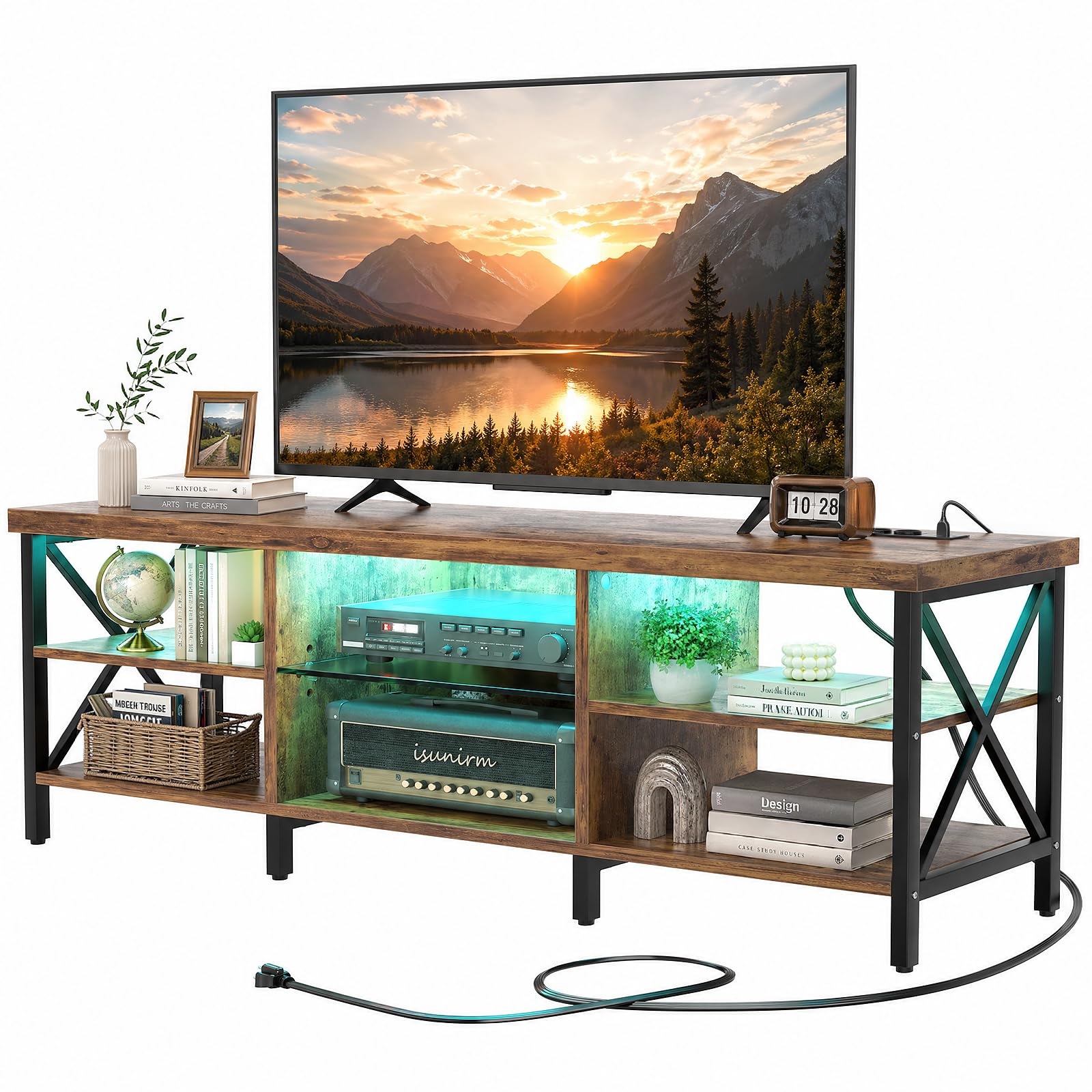 iSunirm Meuble TV 160 cm Brun Rustique avec LED RGB & Station de Recharge – Support Télé jusqu'à 80 Pouces – Banc TV Industriel Bois et Métal pour Salon, Chambre