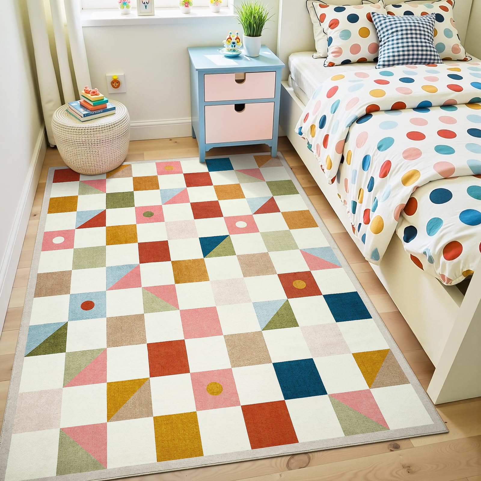 Terrug Multicolored Geometric Checkered Rug for Bedroom, 4x6 Area Rugs