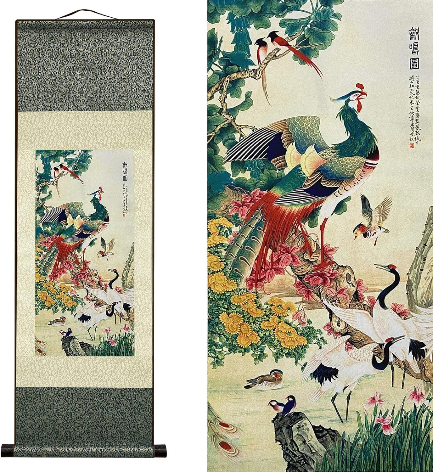 Atfart Q-151 Silk Scroll Painting Asian Wall Decor Birds - Hundred Birds Respect The Phoenix Beautiful Chinese Art Wall Scroll Hanging Painting Scroll Oriental Decor(36.2X12in)