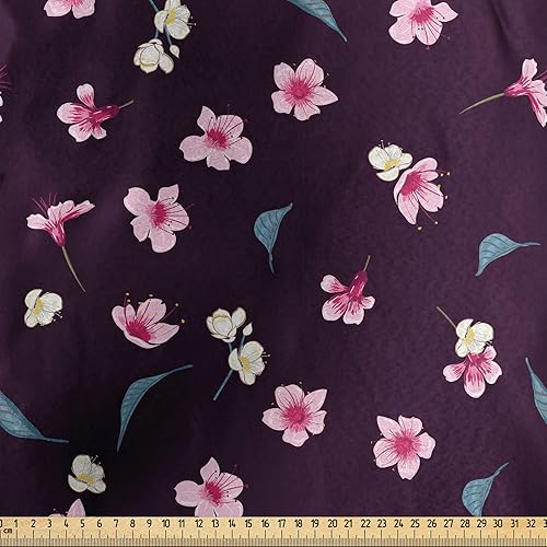 Miniatura 2 de Ambesonne Cherry Blossom Fabric by The Yard, Spring Night Sakura Yozakura Pattern on Nocturnal Background, Decorative Satin Fabric for Home Textiles