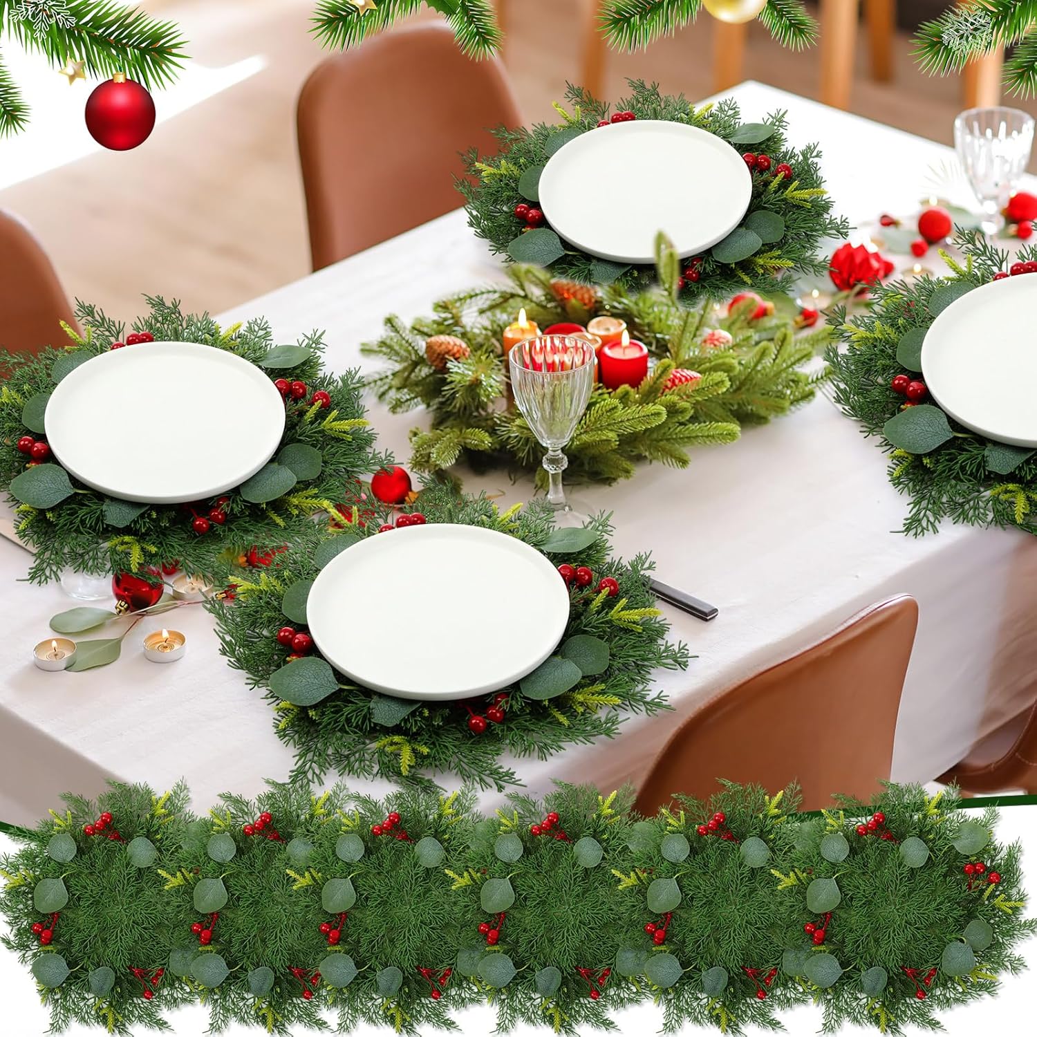 6 Pcs Artificial Christmas Placemats, 15 Inch Table Pine Cypress Placemats with Berries Small Christmas Wreath Garland Round Greenery Place Mats to Non-Slip Heat Protection(Trendy)