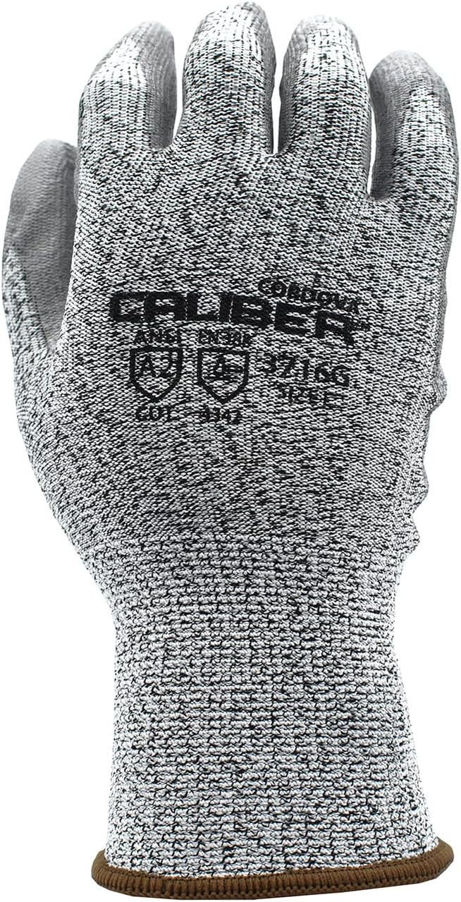 Cordova 3716G Caliber Salt & Pepper 13-Gauge HPPE Shell Gloves, Gray Polyurethane Palm Coating, ANSI Cut Level A2