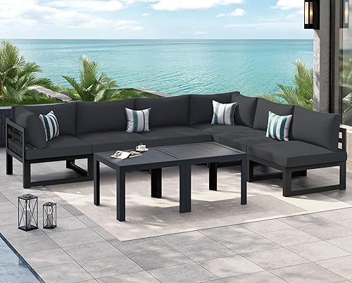 Miniatura 615 de NICESOUL 7 Piece White Powder-Coated Aluminum Patio Furniture with Fire Pit Table, 29 Inch Extra Wide Outdoor Sectional Sofa for 6, High-End Heavy