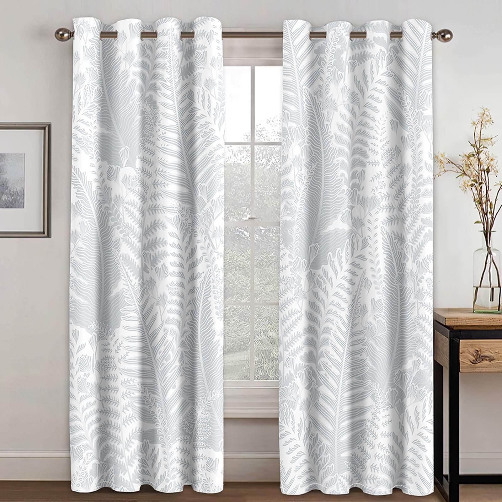 2 Pièces Rideaux Occultants Cuisine Enfant,2 x 132W x 229H CM,Rideau avec Oeillets Motif de Feuilles Rideaux Gris Clair Moderne Chambre