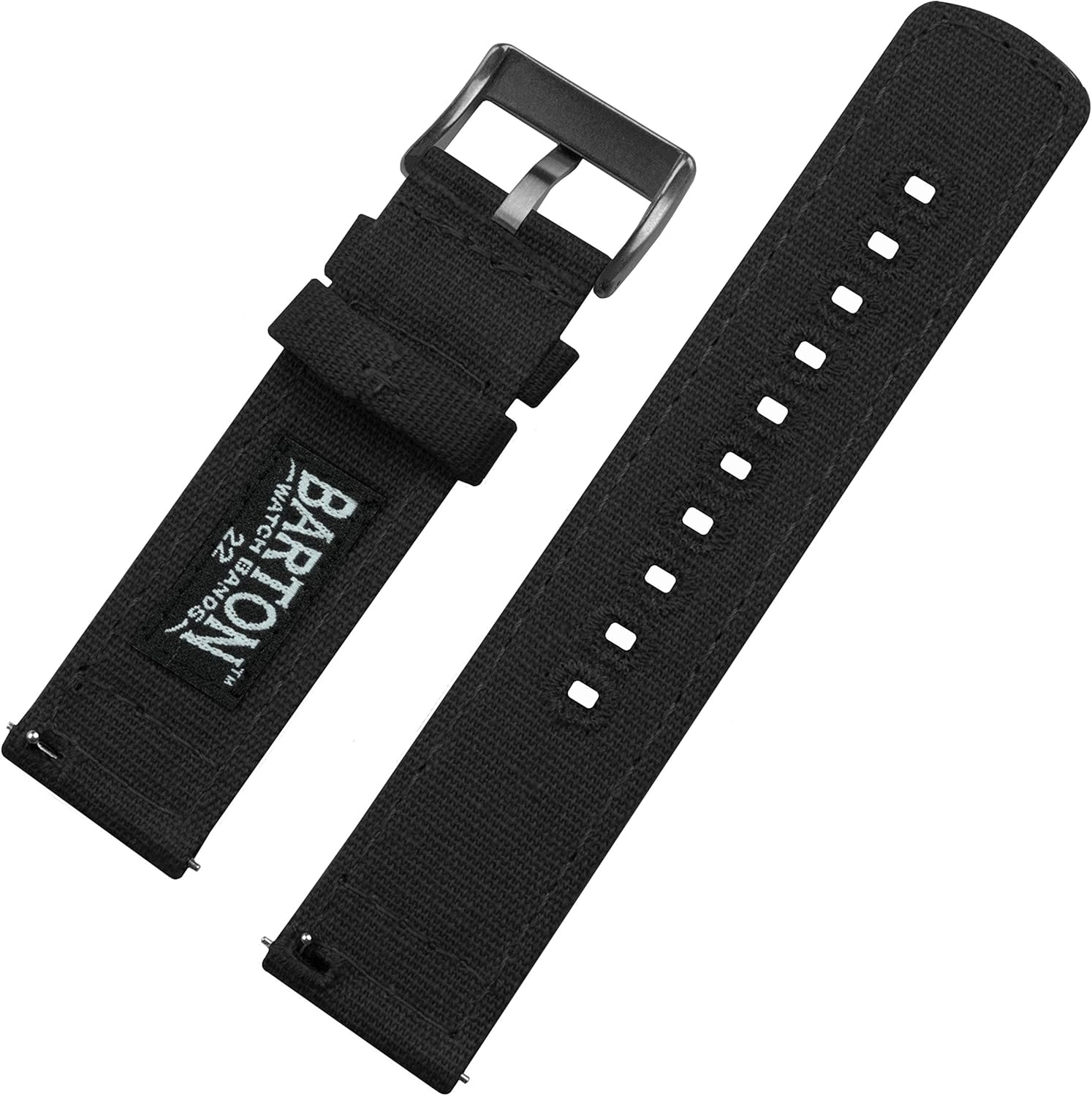 BARTON WATCH BANDS Quick Release Canvas Watch Band Straps, Black & Gunmetal Grey Buckle, 22mm
