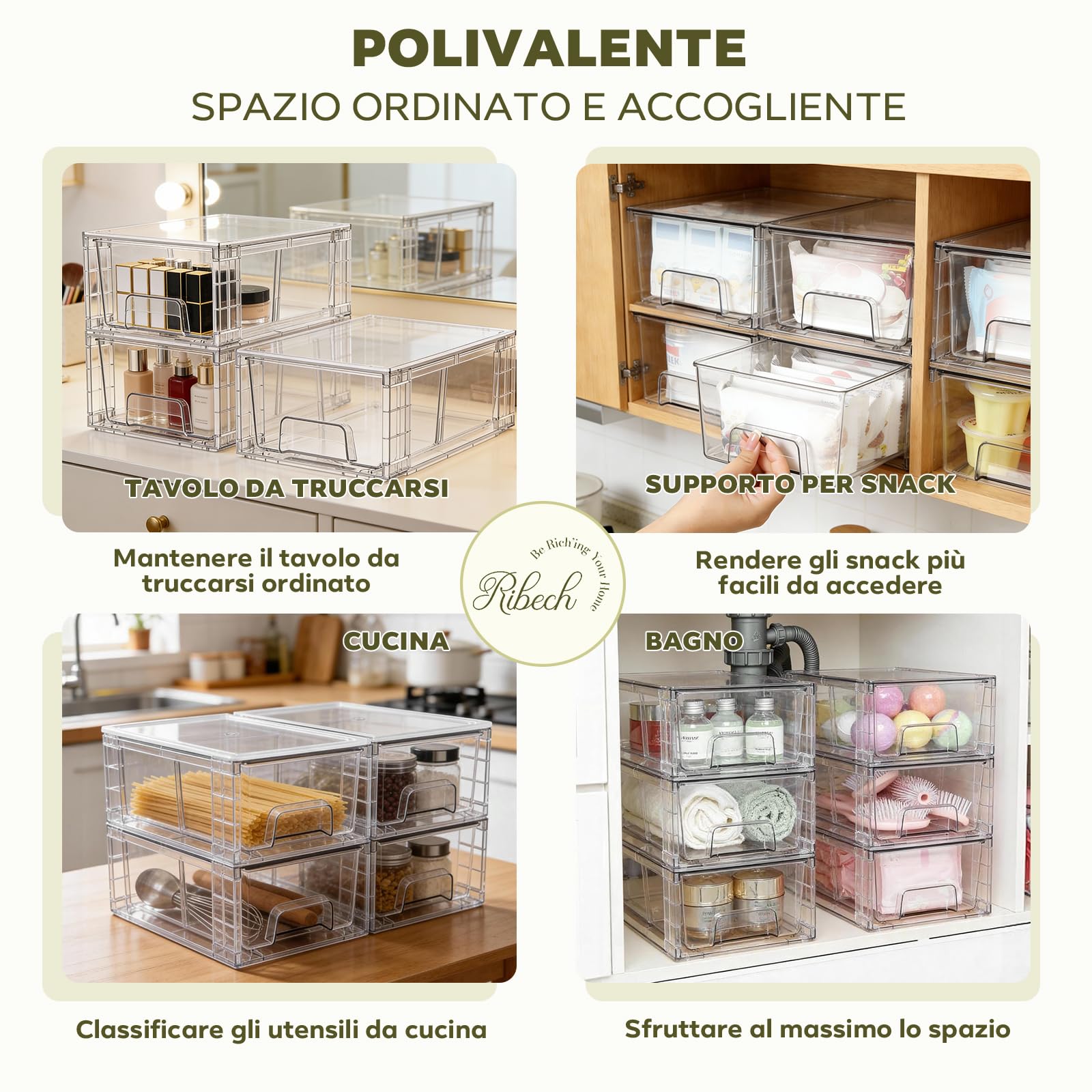 Set 4 Cassetti Organizzatori Impilabili con Divisorio – in Acrilico Trasparente per Scrivania, Trucco, Cucina, Bagno & Soggiorno