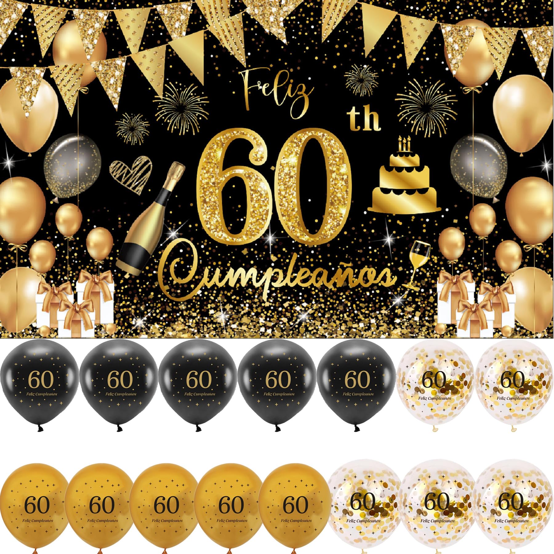 (1+15) Decoración para Cumpleaños 60 Escrita en Español 1 Pancarta Feliz Cumpleños 60 Decoración 60 Años Negro Oro Happy Bithday Fondo Cartel con15 Globos para Cumpleaños Adornos Kit para Cumpleaños …