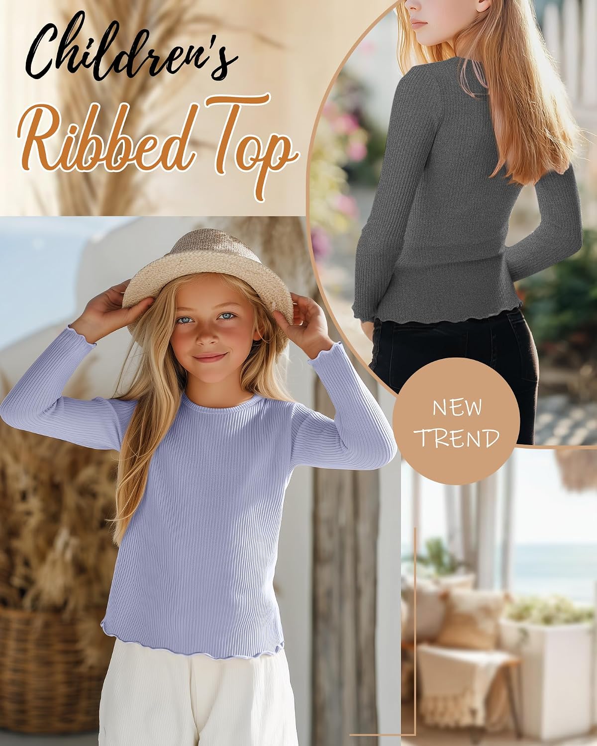 3 Pack Girls Long Sleeve Shirts Ribbed Cotton Tops