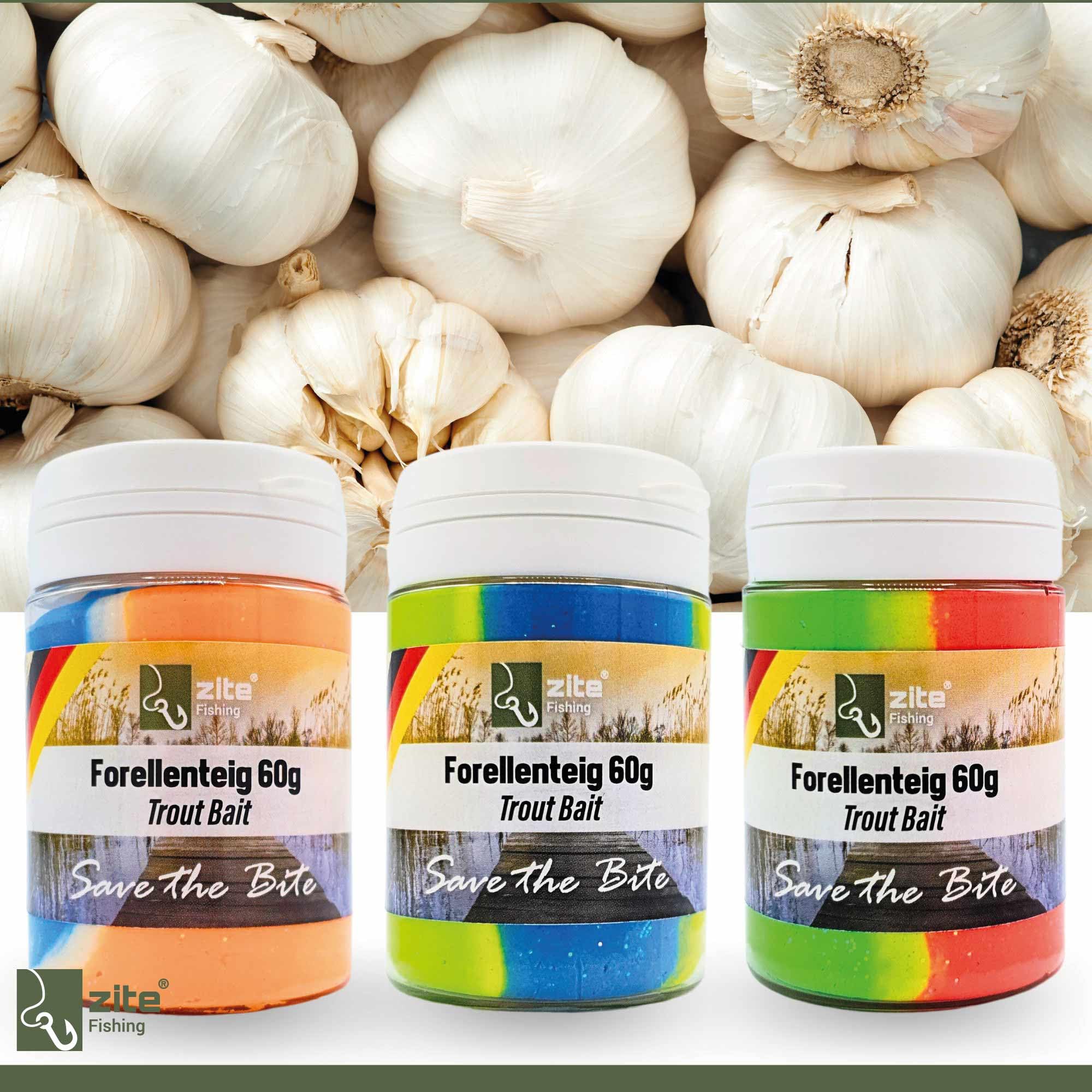 Zite Fishing Lot de 6 pâtes à truite – Pâte de pêche avec paillettes, arômes spéciaux et couleurs – 6 x 60 g Pâte à pêche avec ail, réglisse, fraise et crabe