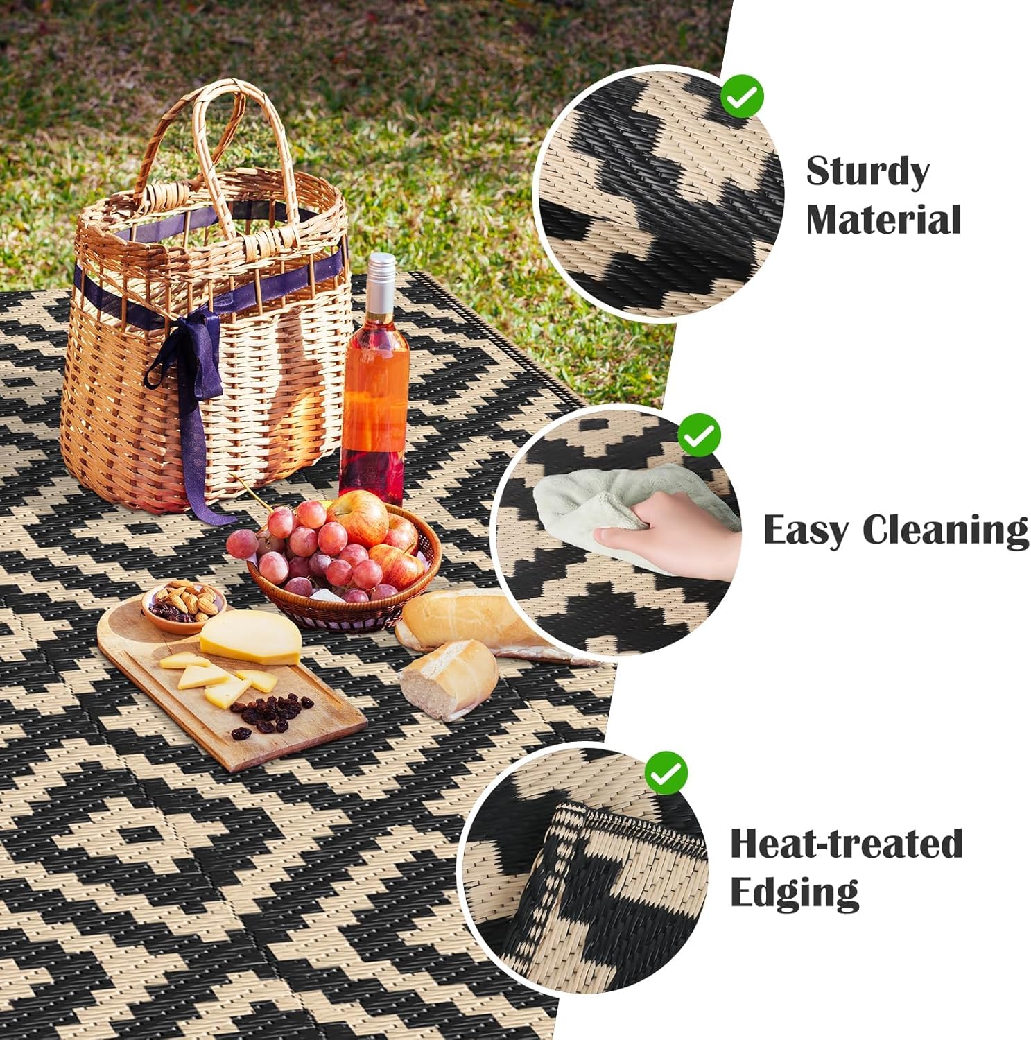 Mattitude Waterproof Outdoor Rug 5x8 Ft Outdoor Plastic Straw Rug Reversible Patio Rug Large Outdoor Carpet Area Rug for Patio Backyard Picnic Beach Camping RV Black & Beige thumbnail