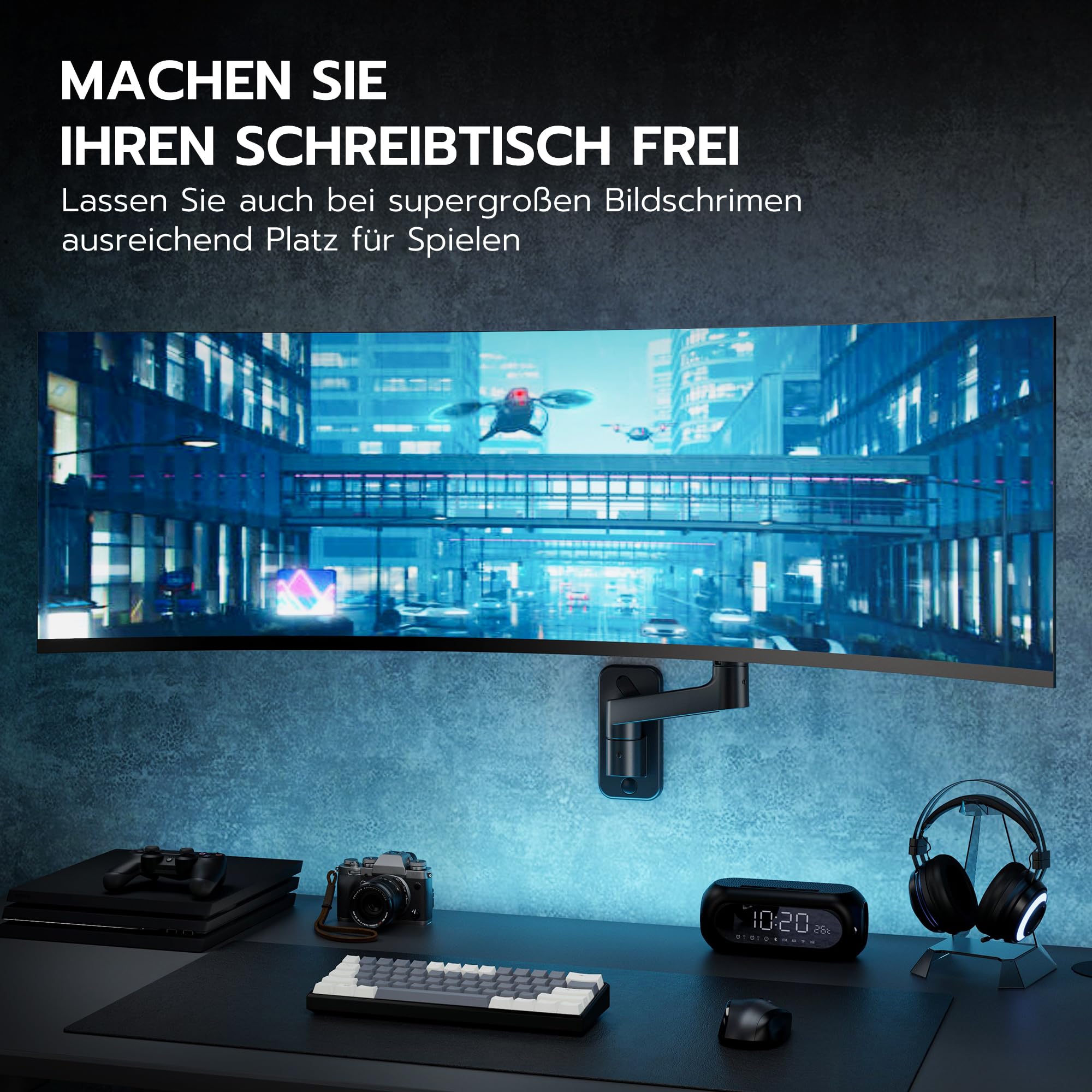 ARES WING Monitor Wandhalterung 1 Monitore für 17-49" Bildschirme, Schwarz | 20kg/Arm, Gasdruckfeder PC Monitor Hatlerung Wand,voll verstellbare Monitor Halterung für Büro&Gaming,VESA 75/100