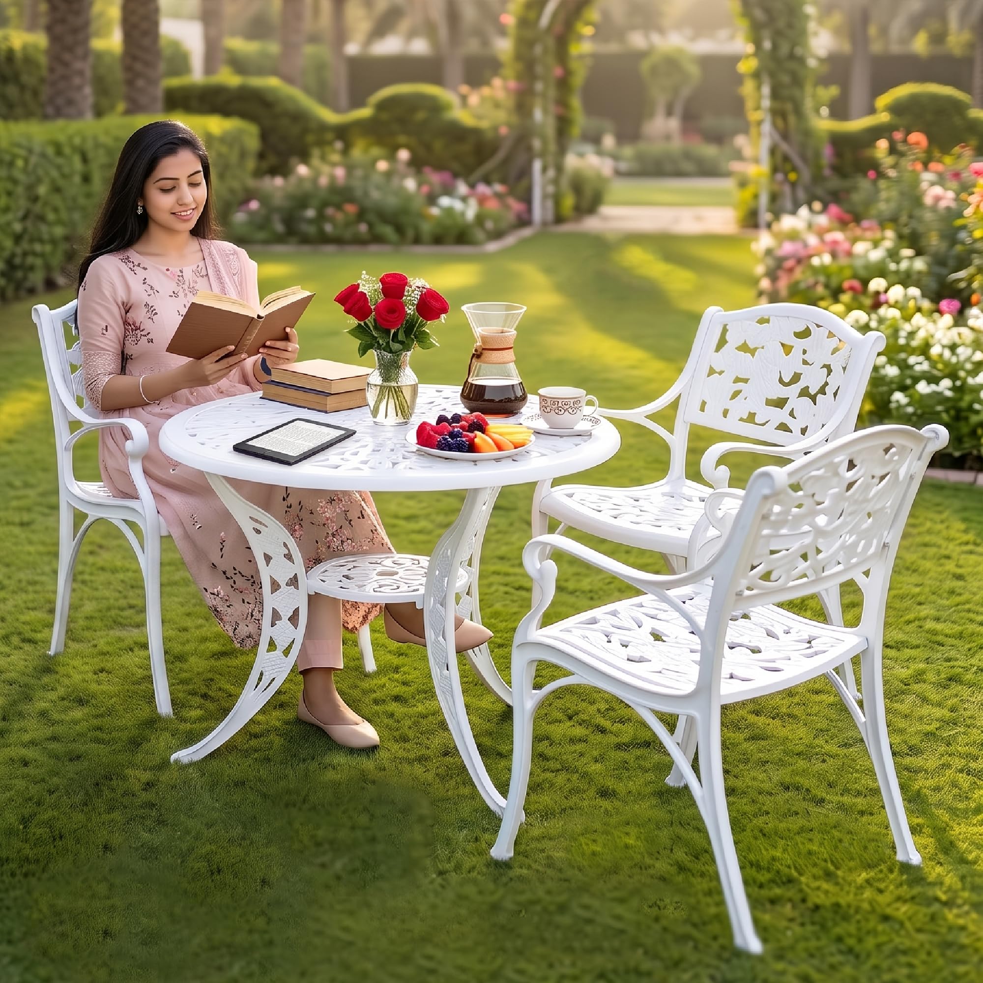BRISHI Cast Aluminium Garden Patio Seating Chair and Table Set for Balcony Outdoor Furniture with 1 Table and 3 Chair Set (White)-image-47