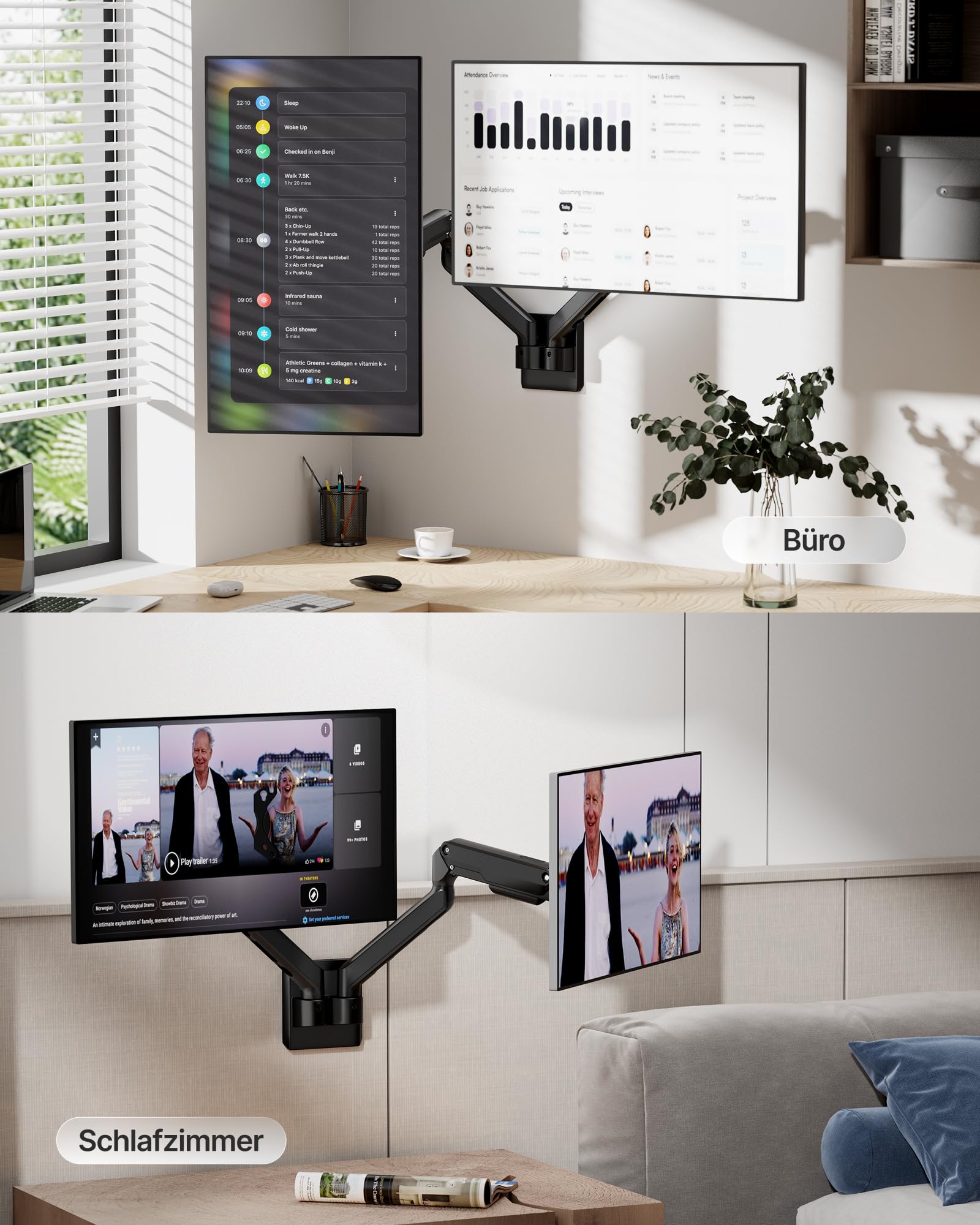 monTEK Doppel Monitor Wandhalterung für 2 Monitore 17-32 Zoll | VESA 75x75/100x100, bis 9 kg pro Arm,Höhenverstellbarer Dual Monitorarm Wand, Schwenkbare Bildschirmhalterung，Schwarz