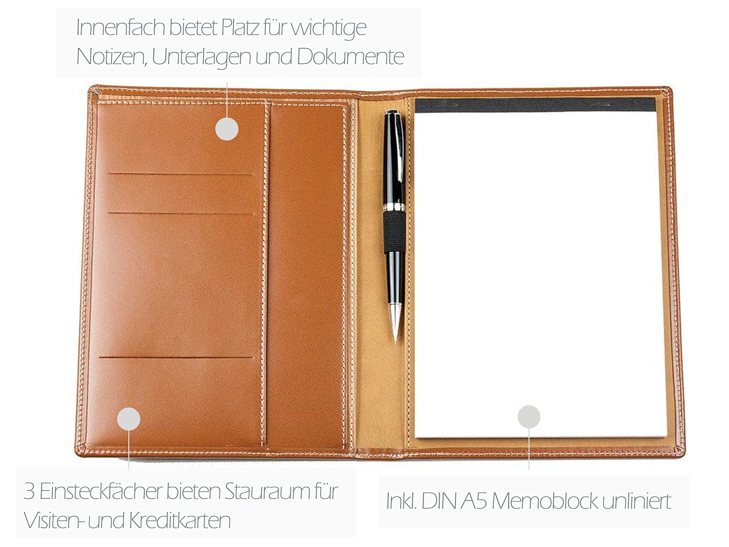 DELMON VARONE - Personalisierbare Schreibmappe DIN A5 aus Cambridge Top Grain Leder braun, Organizer Konferenzmappe mit Notizblock, Stiftschlaufe & Einsteckfächer, Elegante Echtleder Geschäftsmappe
