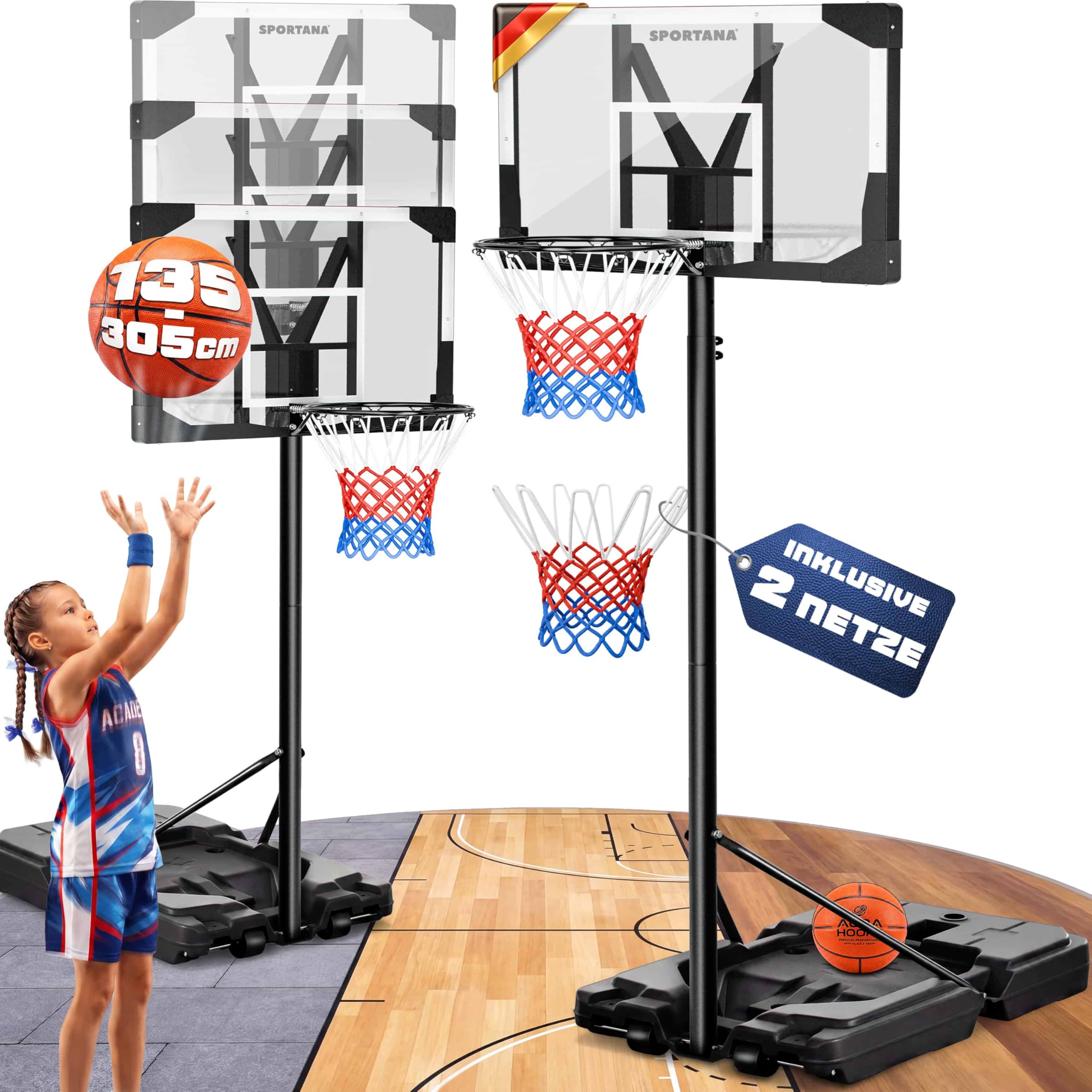 Canestro Basket da Esterno Regolabile 135–305cm Base Riempibile 60 kg Canestro per Pallacanestro con Ruote Struttura Stabile Resistente alle Intemperie Anello Ø45 cm per Bambini e Adulti
