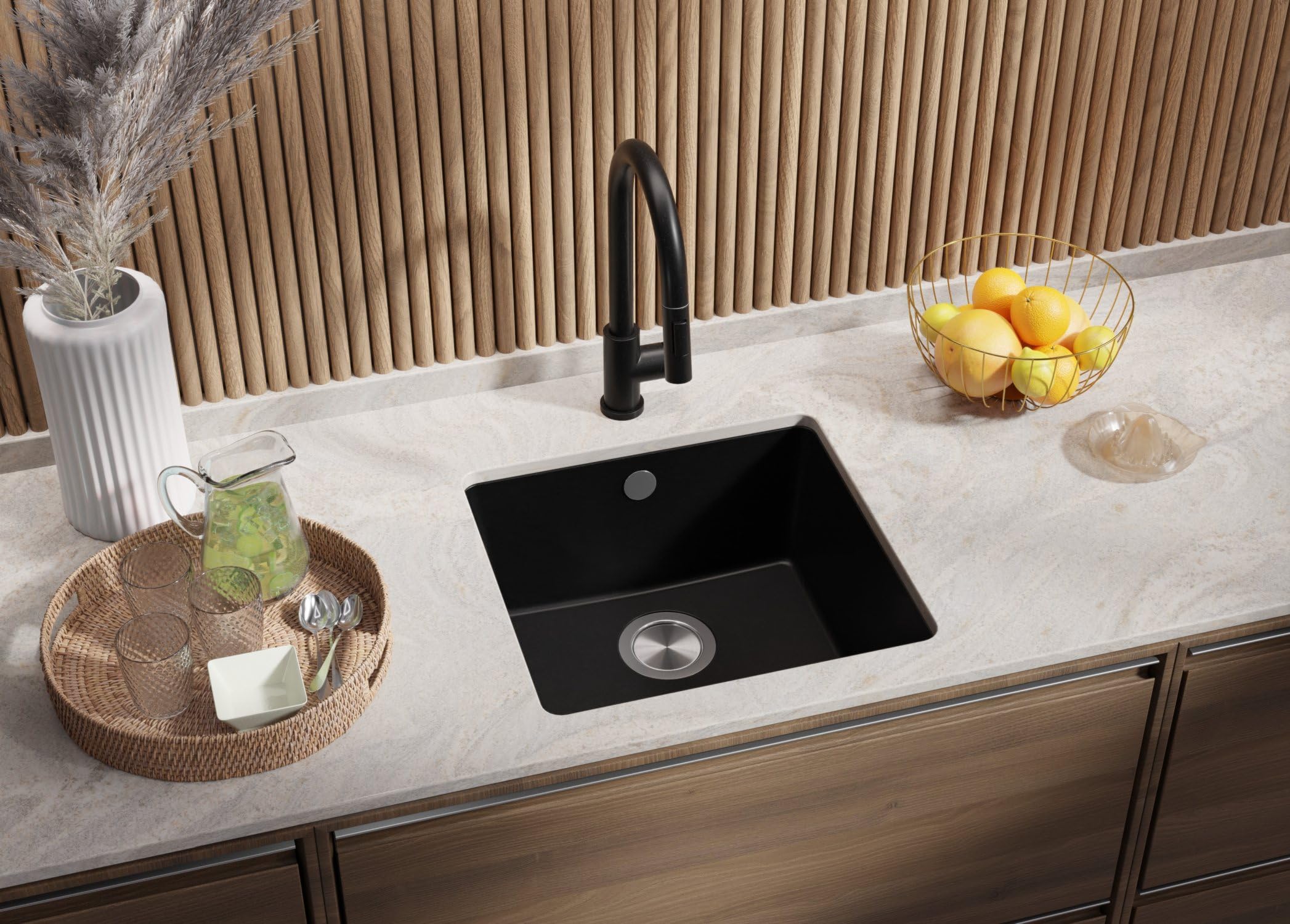 PRIMAGRAN Evier sous Plan Noir - Venise, 46x44cm | Evier en Granit 1 Bac + Robinet 38x14cm + Zuberhor-Set, Évier au Meuble 50cm (S053)