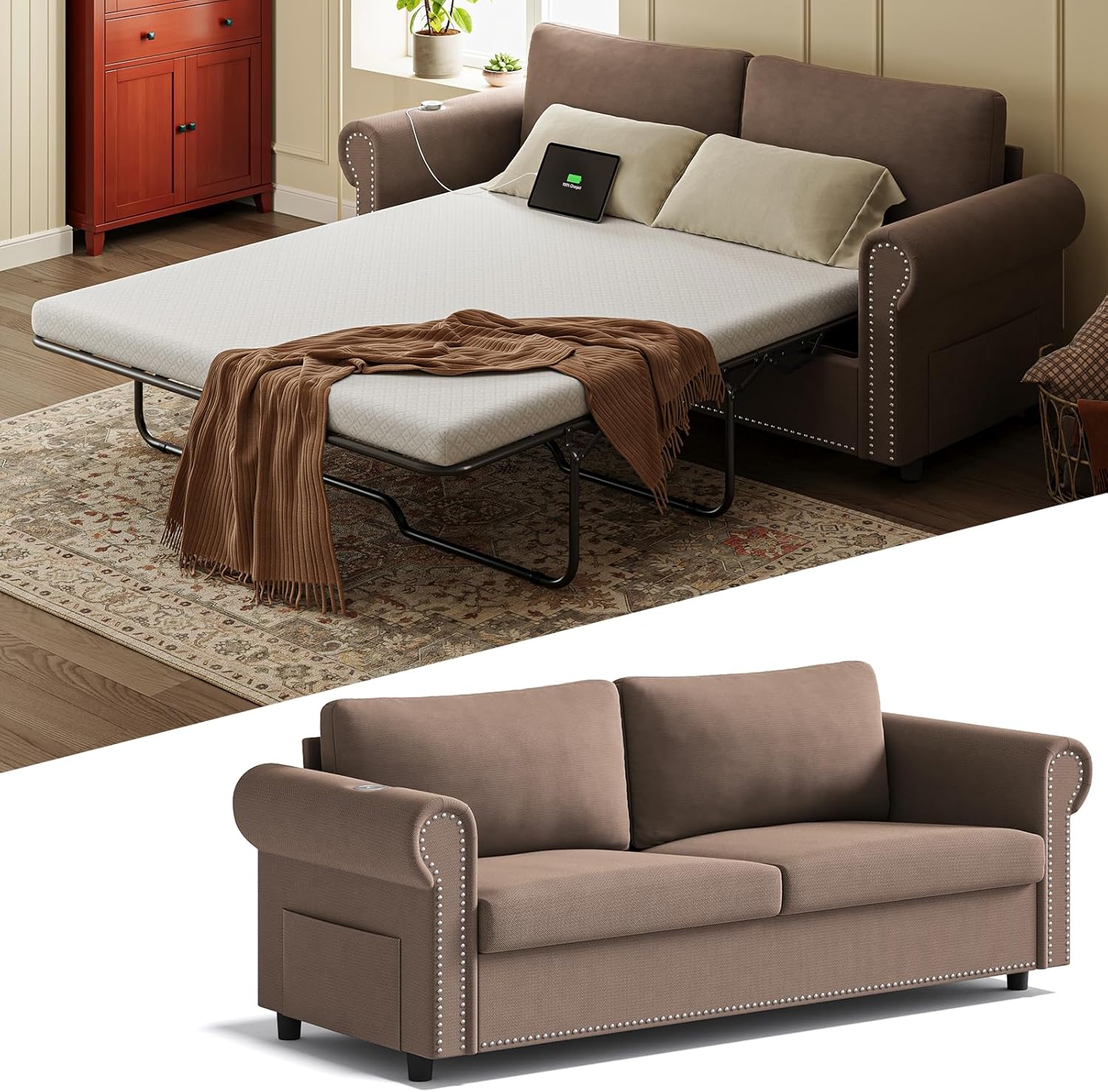 Queen Pull Out Sofa Bed | 83" Large Sleeper Sofa with Queen Size Mattress | 2-in-1 Convertible Loveseat Sofa-Bed with USB Ports Side Pockets Black