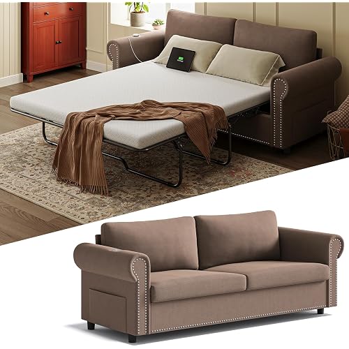 Queen Pull Out Sofa Bed | 83" Large Sleeper Sofa with Queen Size Mattress | 2-in-1 Convertible Loveseat Sofa-Bed with USB Ports Side Pockets Brown