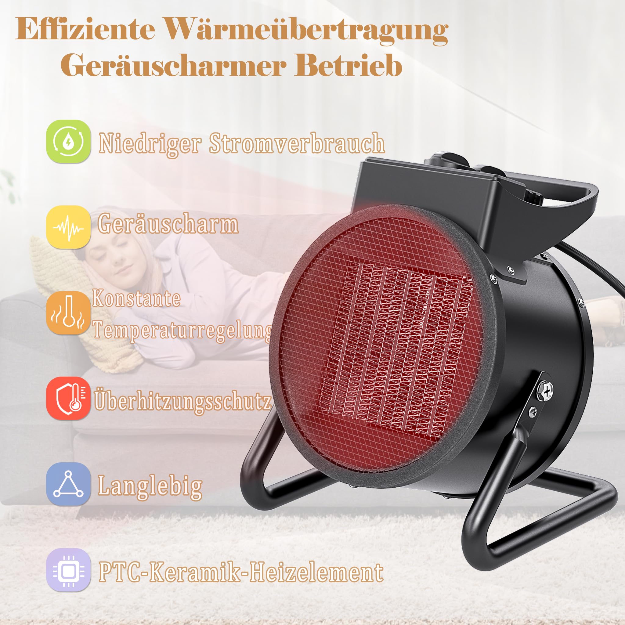 UISEBRT Portabler Heizlüfter mit Thermostat, 3000 W PTC-Keramik Heizelement für 30 m², 2 Heizstufen Überhitzungsschutz, Elektro-Heizung für Baustellen Häuser Werkstätten Garagen