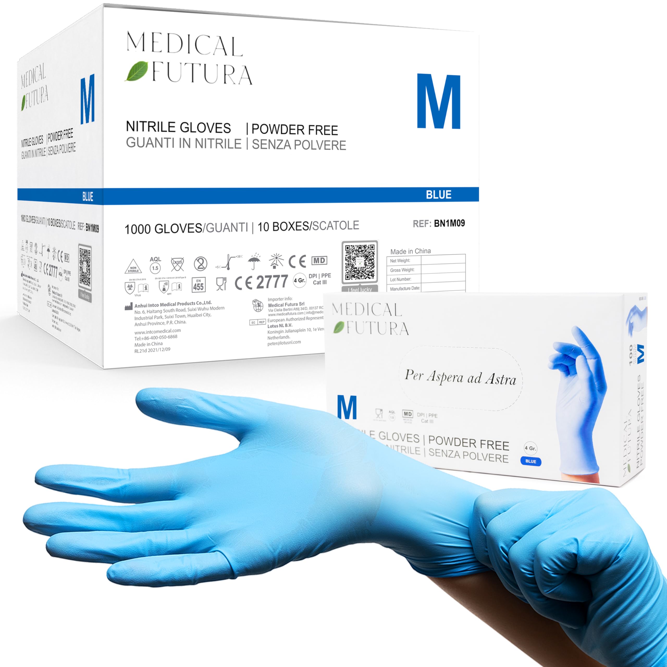 1000 Guantes de Nitrilo Desechables M Azul, No Alergénicos Gr. 4.0, Sin Polvo, Sin Látex, Buenos para Esteticistas, Tatuadores, Talleres y Aplicaciones Médicas (M, Azul)