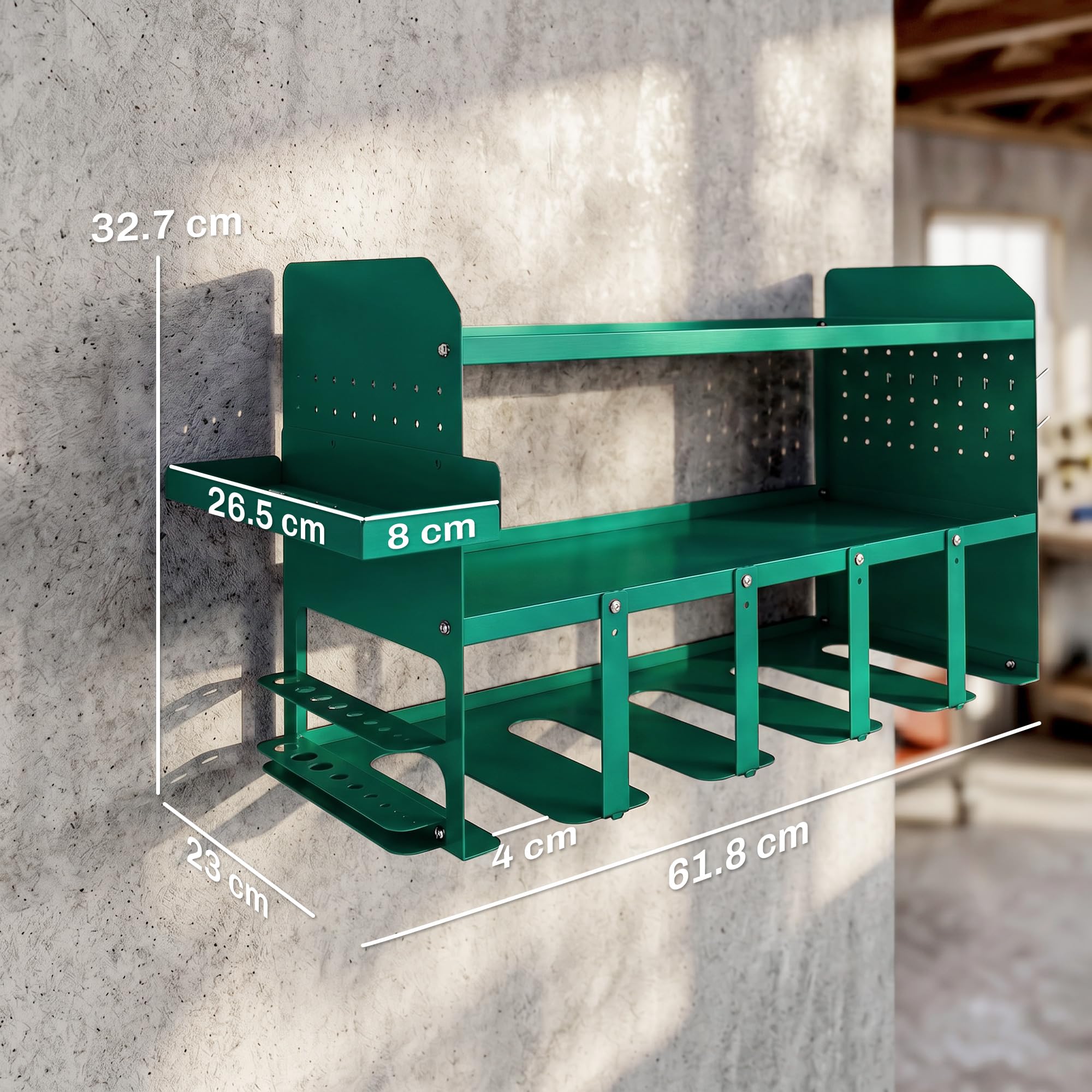 Outsunny Organizer per Utensili Elettrici, Porta Attrezzi da Parete, Supporto Heavy Duty per 5 Trapani Elettrici, in Metallo con Vassoio Laterale e 4 Ganci per Garage, Capanno, Officina, Verde