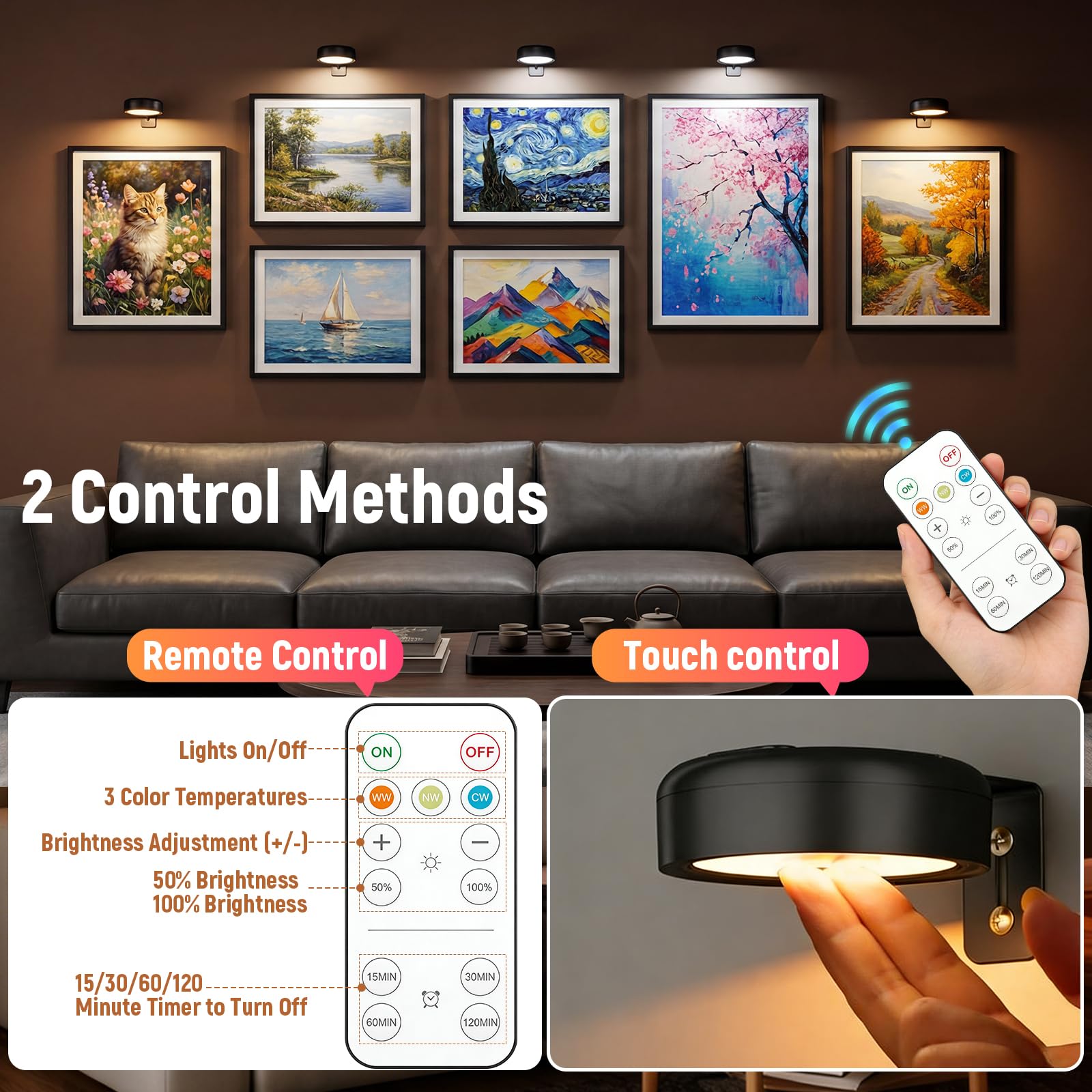 3 Pezzi Luce per Quadri Senza Fili con Telecomando, 3 temperature di colore, Luci per Quadri Senza Fili Ricaricabili con Timer, Magnetic Painting Light per Armadio, Pittura, Vetrina (Nero)