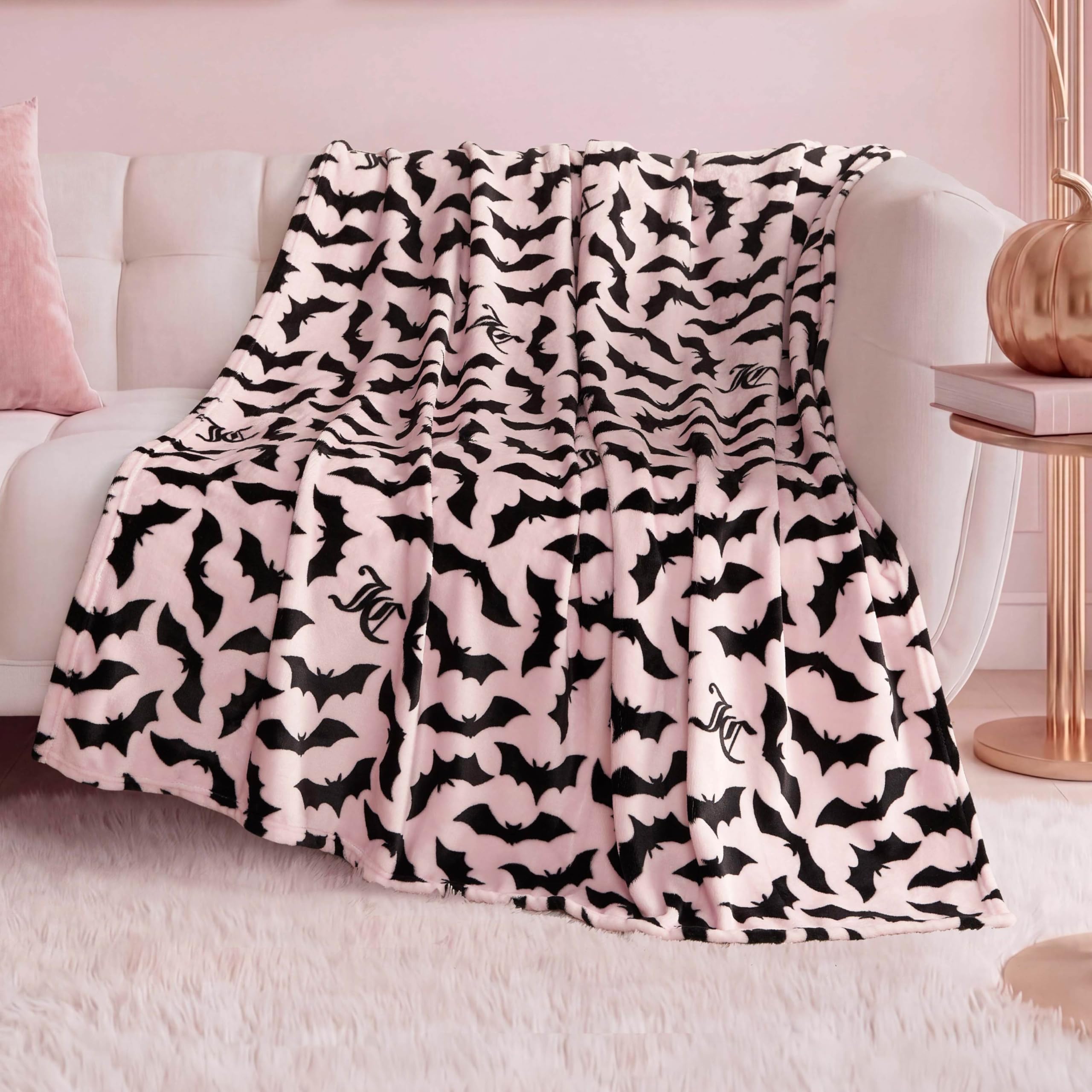 Juicy Couture Gothic Bats Halloween Plush Throw Blanket, Soft Polyester Decorative Throw for Sofa or Bed, Light Pink, 50"x60"