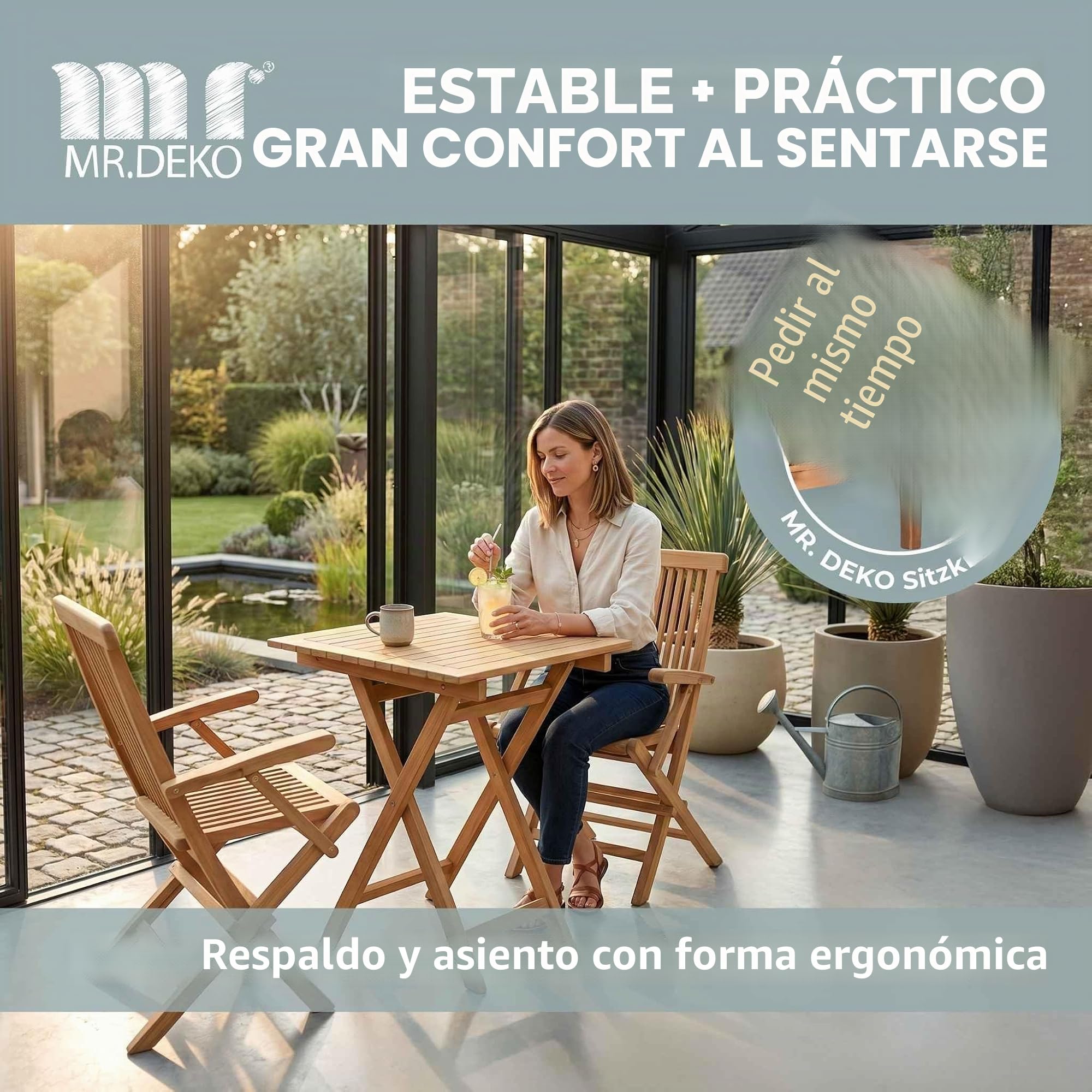 MR. DEKO Silla de Jardín Madera Teca Maciza Andover | Sillón Plegable Exterior con Reposabrazos Resistente Intemperie | Silla Terraza Balcón Camping Diseño Ergonómico Clásico 60x53x89cm Natural