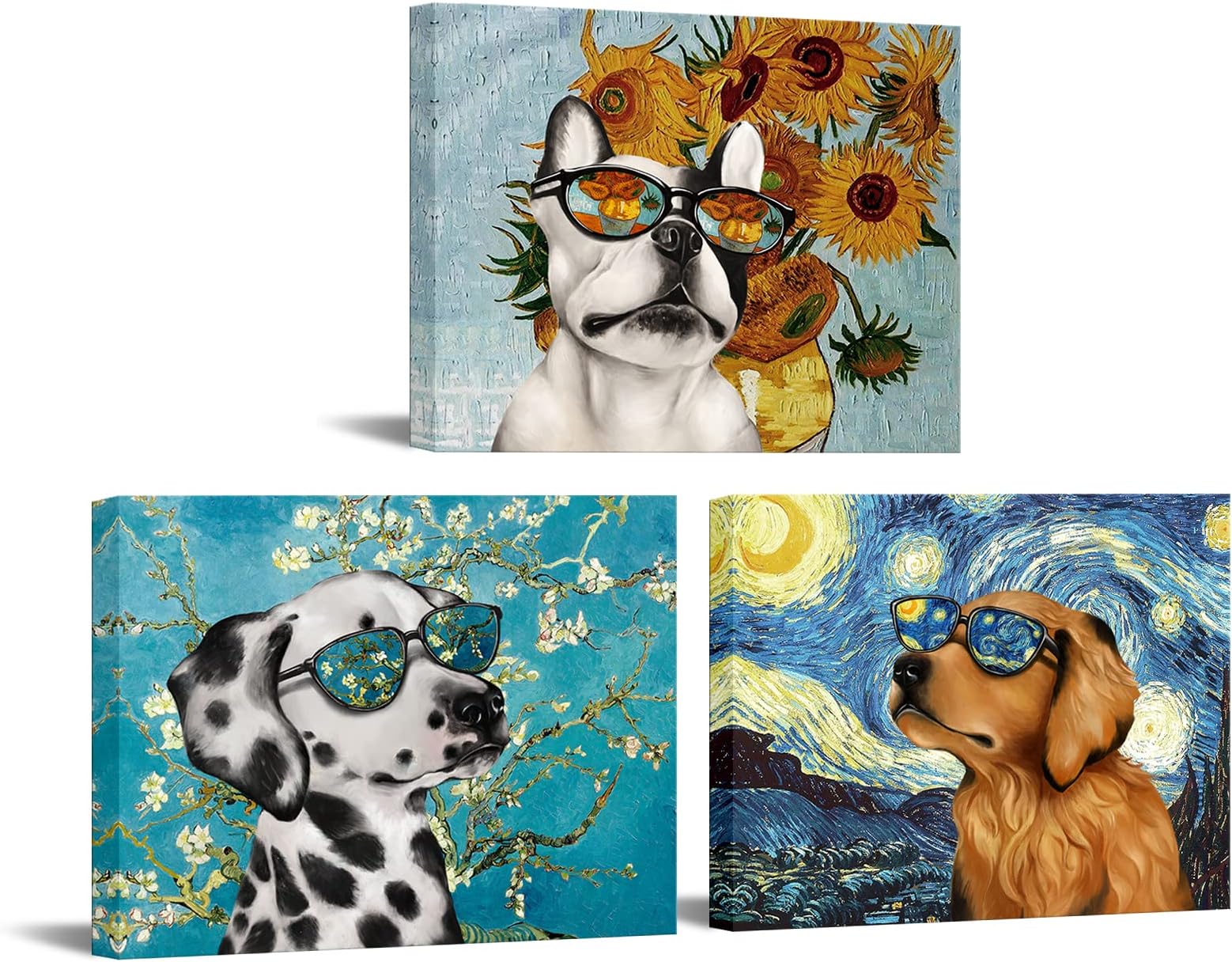 Creative Dog Picture for Wall Decor Van Gogh Starry Night Sunflower Sunflower Painting Prints in Dog's Sunglasses Bulldog Dalmatian Golden Retriever Poster for Living Room Pet Club