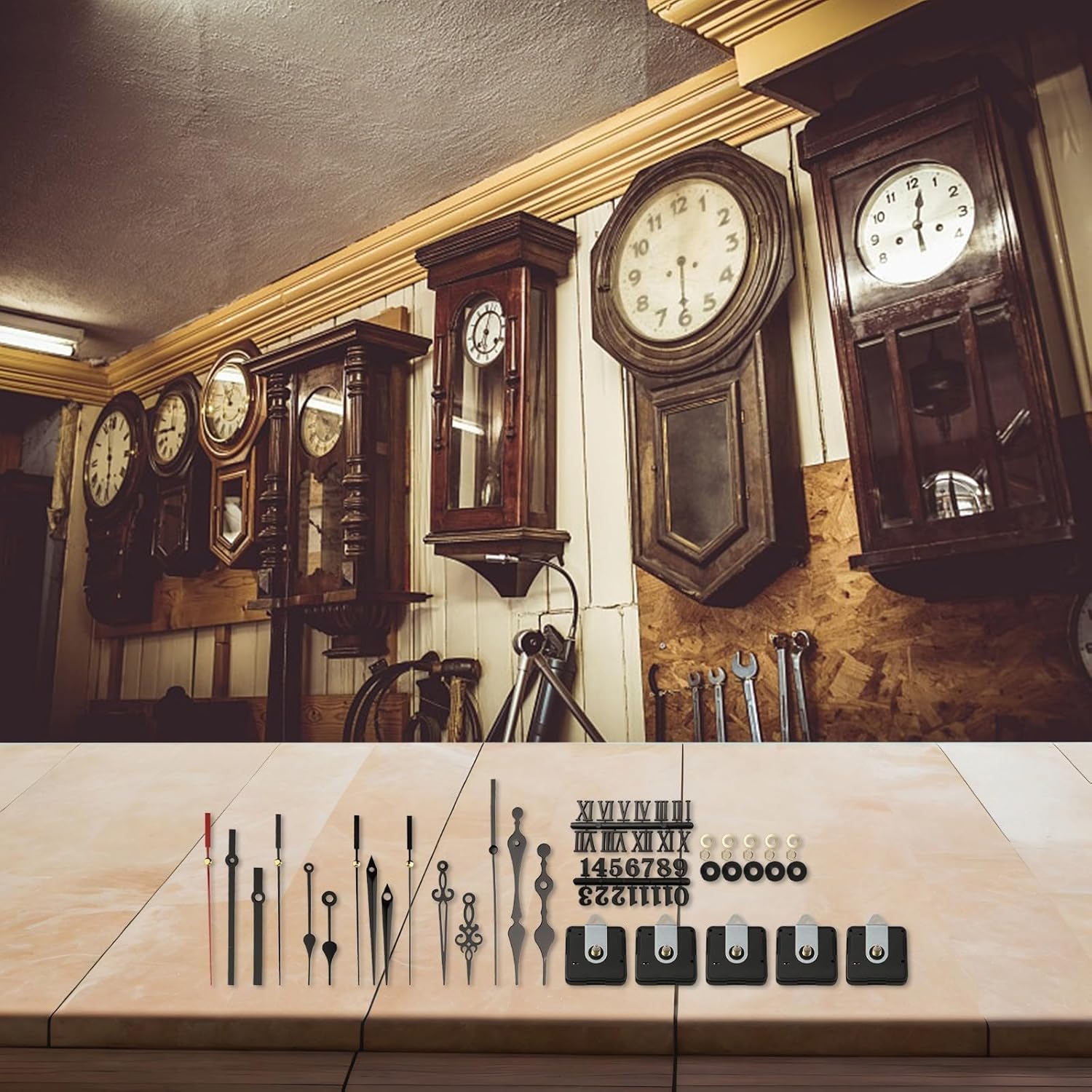 Silent Quartz Clock Movement Kit DIY Wall Clocks – 5PCS & Pointers, 2PCS Digital Cards (Arabic/Roman), 56x56x16mm, Requires 1.5V AA Battery(black)