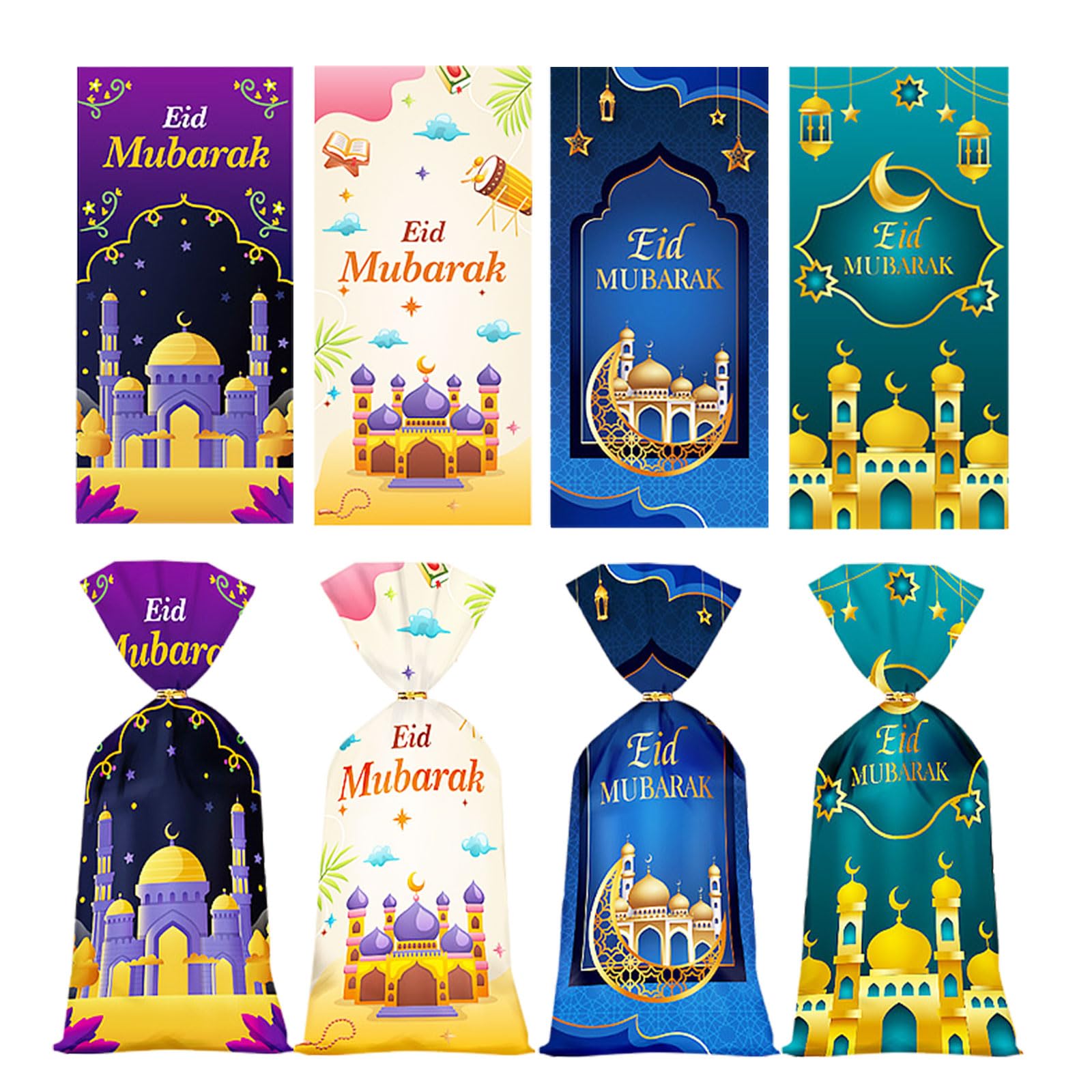 Photo 1 of 100 PCS Eid Mubarak Cellophane Bags Ramadan Cello Bags Castle Moon Goody Bag with Twist Ties Muslim Green Blue Treat Gift Bag for Candy Muslim Festival Eid Party Favor