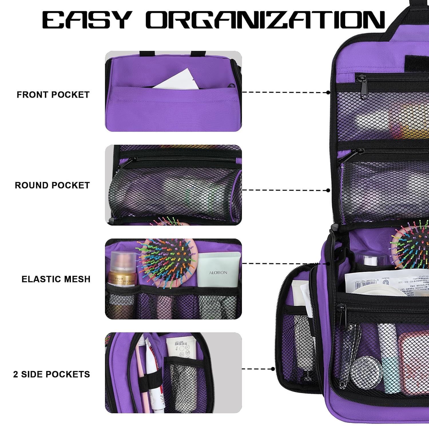 Goloni Hanging Toiletry Bag, 10 Compartments Water-Resistant Makeup Bag with 360° Spinning Metal Hook, Large Travel Cosmetic Organizer for Men & Women, Purple (7.05oz)