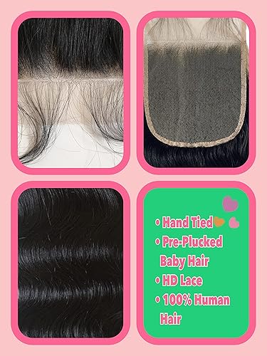 Miniatura 6 de Joe Green 4 x 4 + 1 pulgada HD transparente cierre con cabello humano 100% virgen Remy, cabello prearrancado color natural (14 pulgadas, permanente,