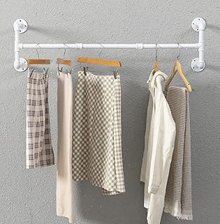 Industrial Pipe Clothes Racks, Wall Mounted Garment Racks, Space-Saving Display Hanging Clothing Racks, Heavy Duty Steampunk Detachable Multi-Purpose Hanging Rod for Closet Storage, Black (White)