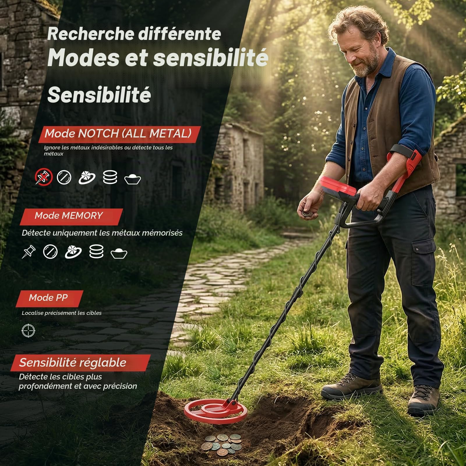 Détecteur de Métaux, Longueur Réglable 106-121 cm, detecteur metaux Professionnel avec localisation précise (Mode PP), Bobine de Recherche IP68 Imperméable pour la Plage & Chasse au trésor