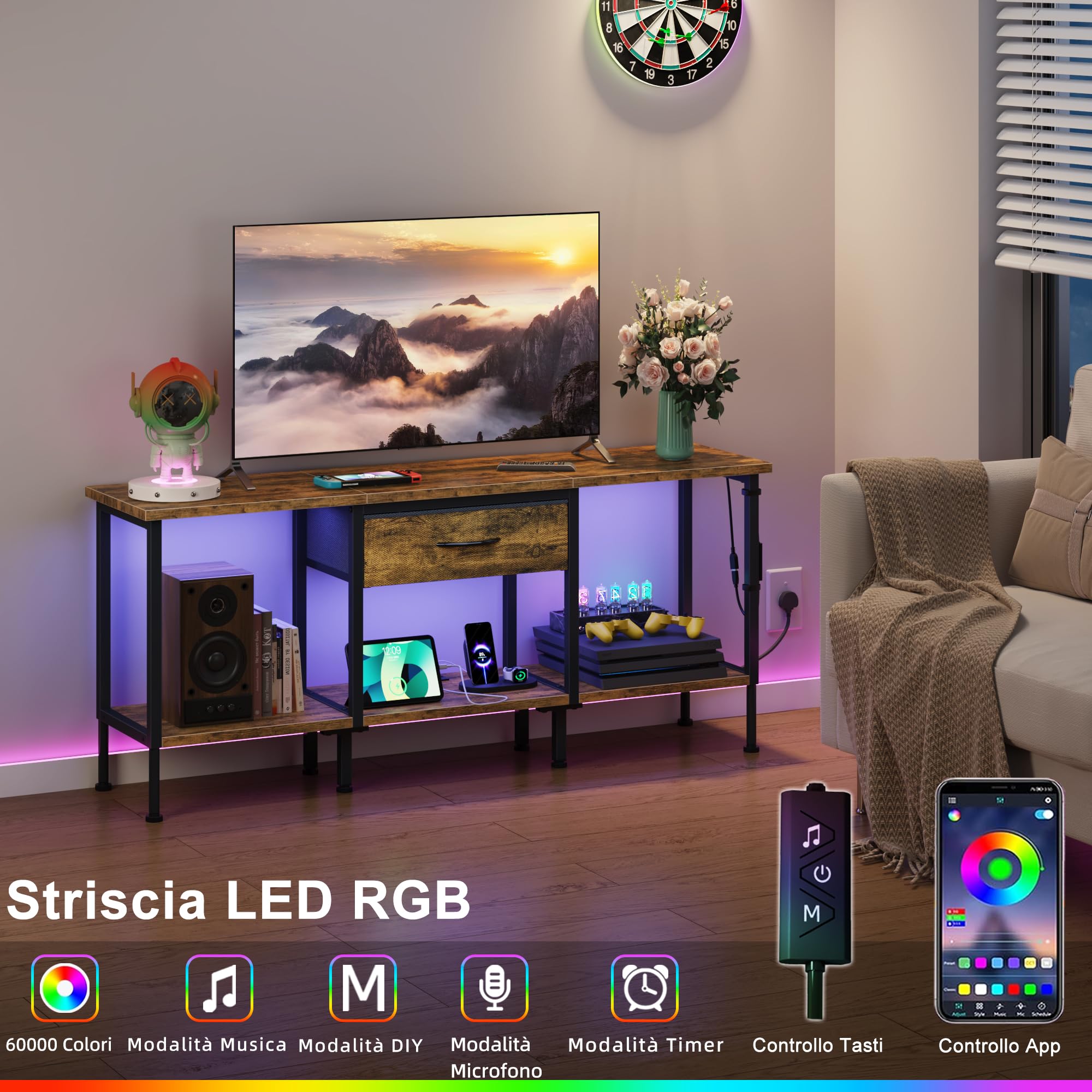 Mobile TV con Presa, Supporto TV con Illuminazione a LED, Cassetto in Tessuto e Ripiani Aperti, 120 cm Mobile TV per TV fino a 55″ per Soggiorno e Camera da Letto, Marrone Rustico